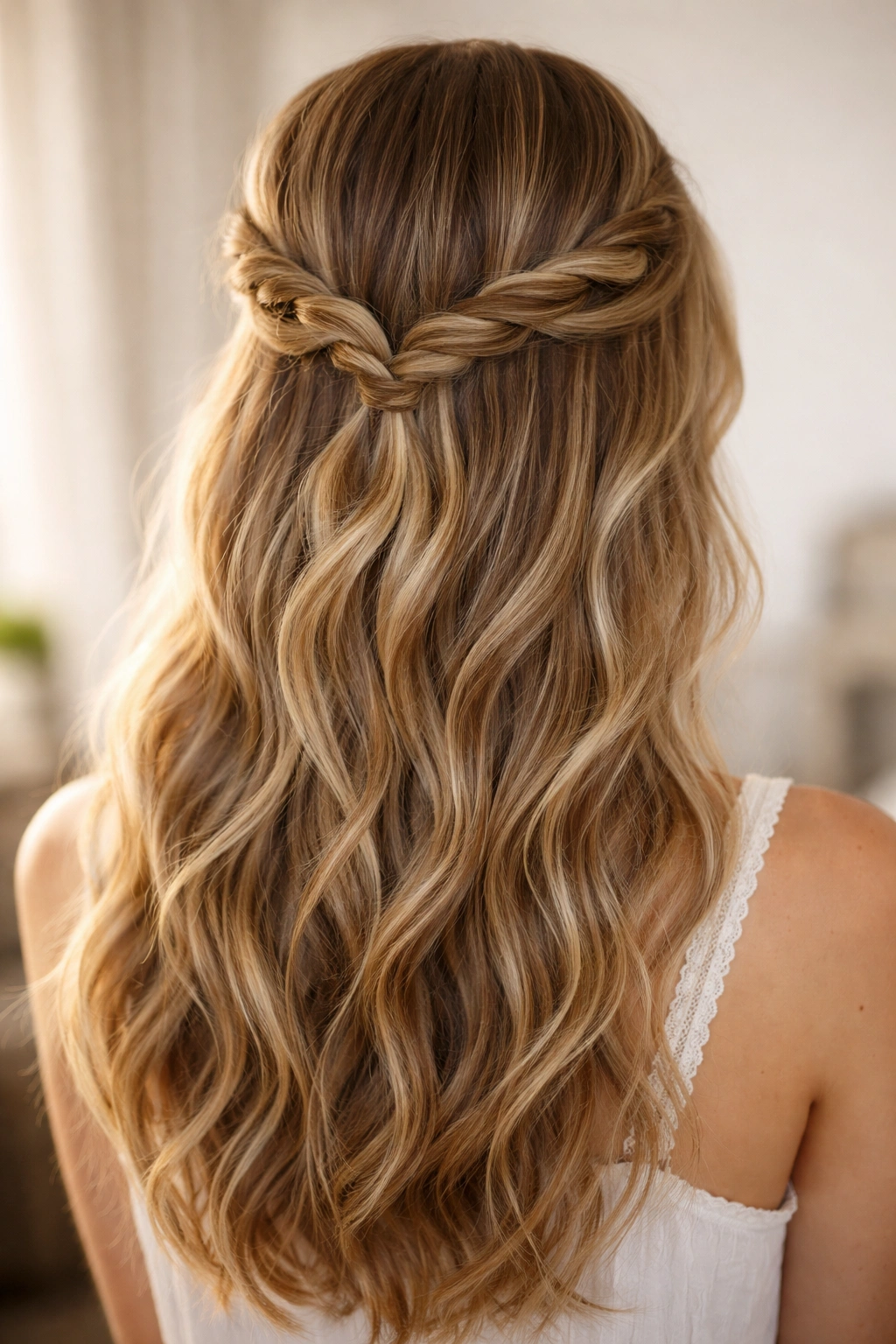 Back view of The Double Half-Up Twist showing two parallel rope twists.