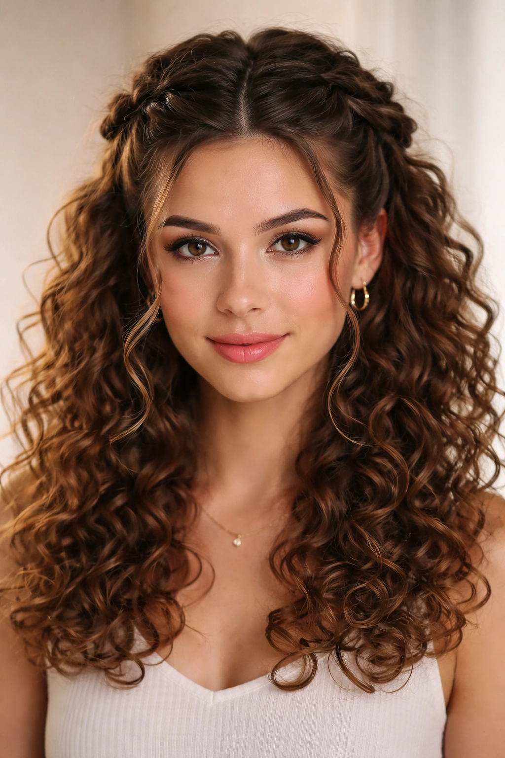 Double twist half up hairstyle with two twists at crown and loose curly bottom