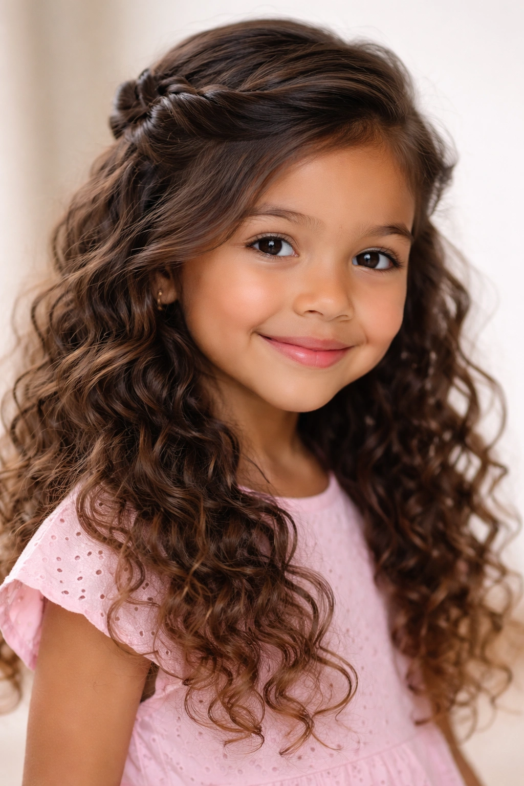 Close-up of a child with long curly hair in a double twisted half-up with side-swept sections.