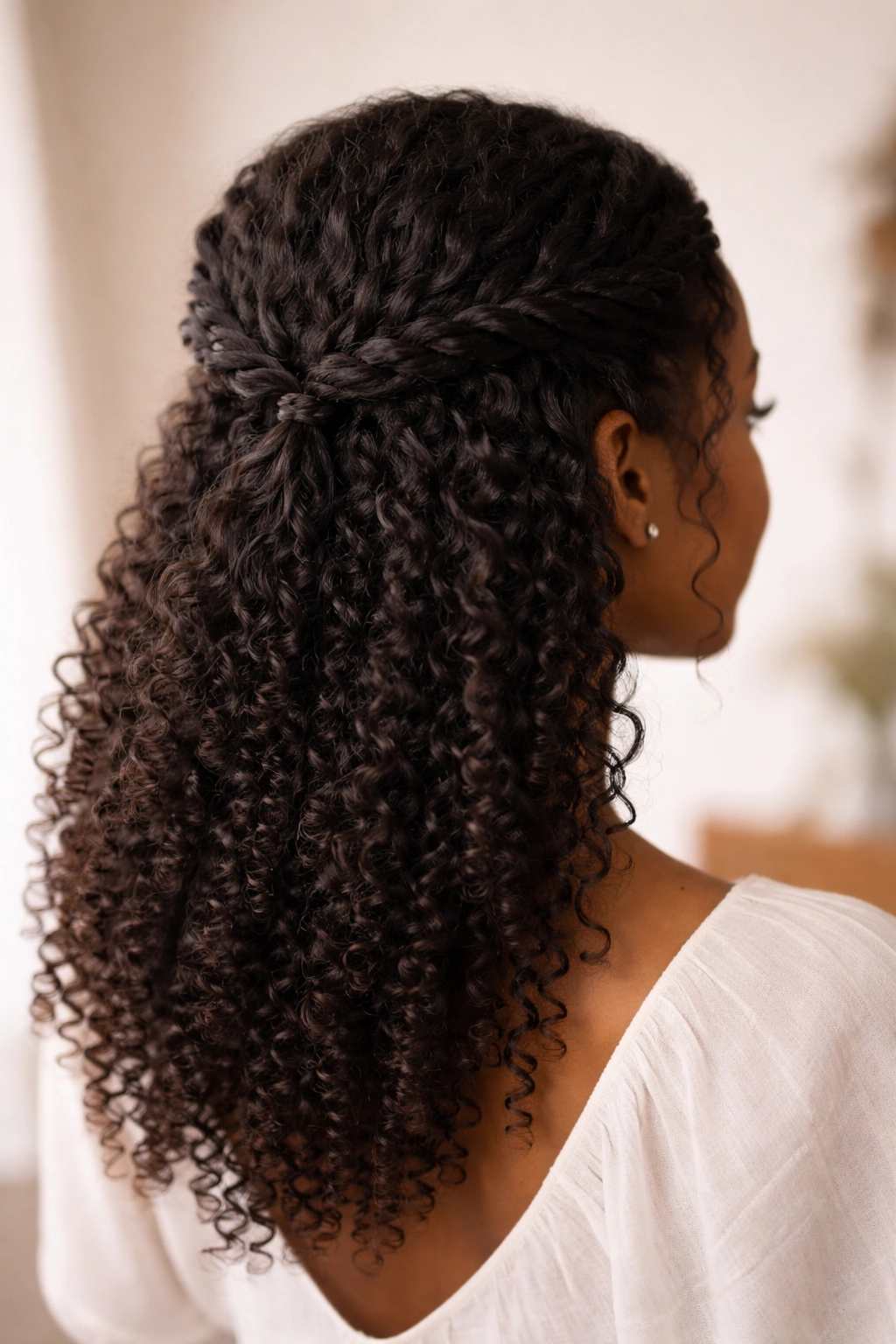 Close-up of two symmetrical twists at the temples secured at the nape on natural hair