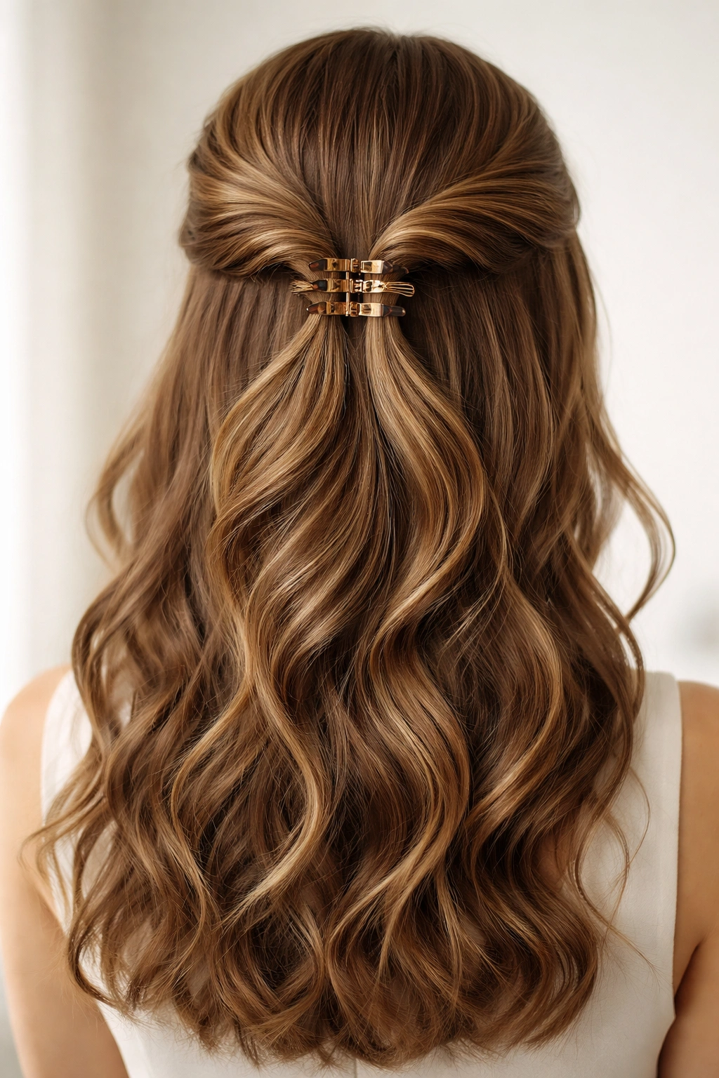 Two twists meeting at center back forming a crown-like half up hairstyle
