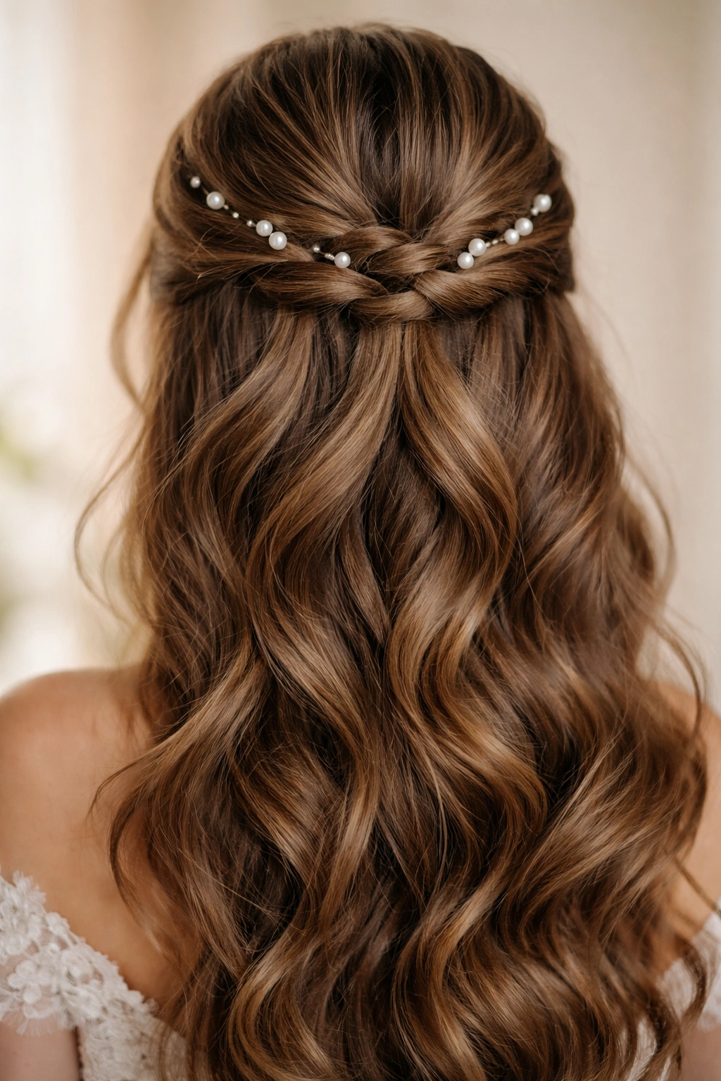Double twisted half-up hairstyle with pearl pins on thick hair