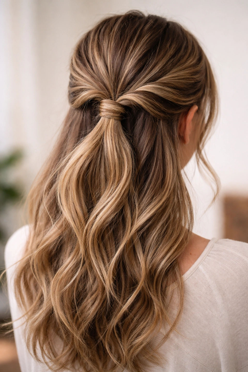 Close-up of a double twisted half up ponytail showing two twists secured at back