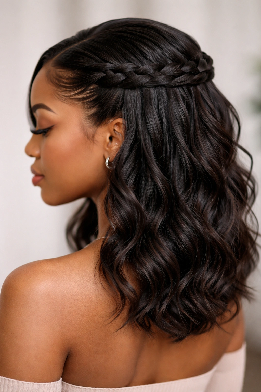 Double twisted half-up with waterfall texture on short hair.