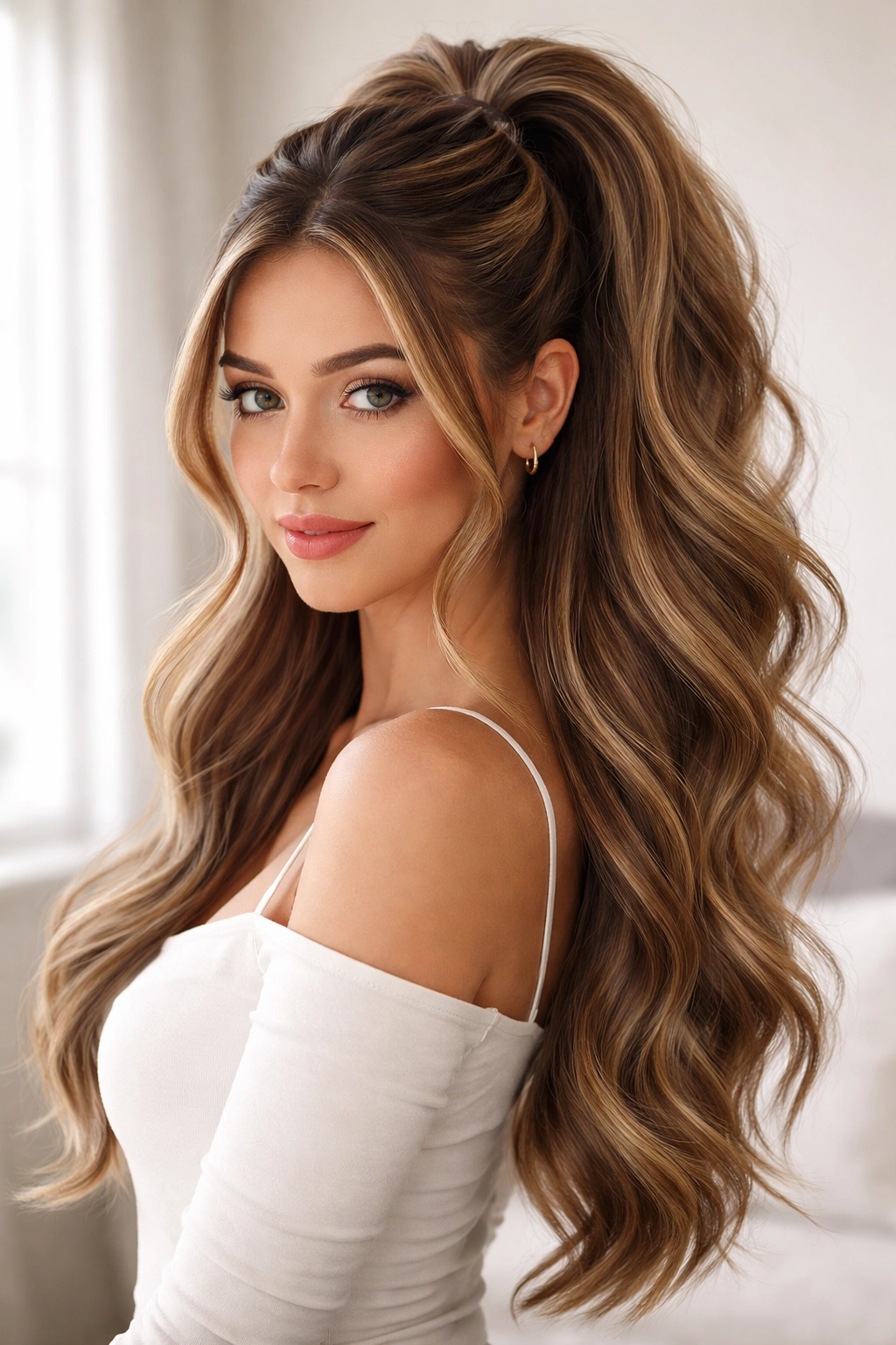 Close-up of The Double-Twist High Pony Half-Up showing two twists forming a high pony