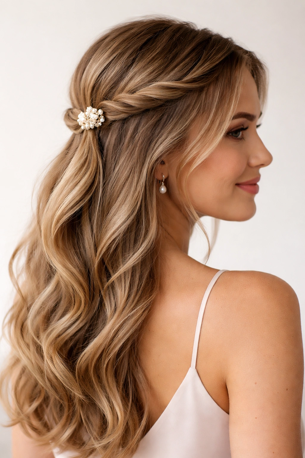 Double twisted half-up hairstyle with a pearl pin.