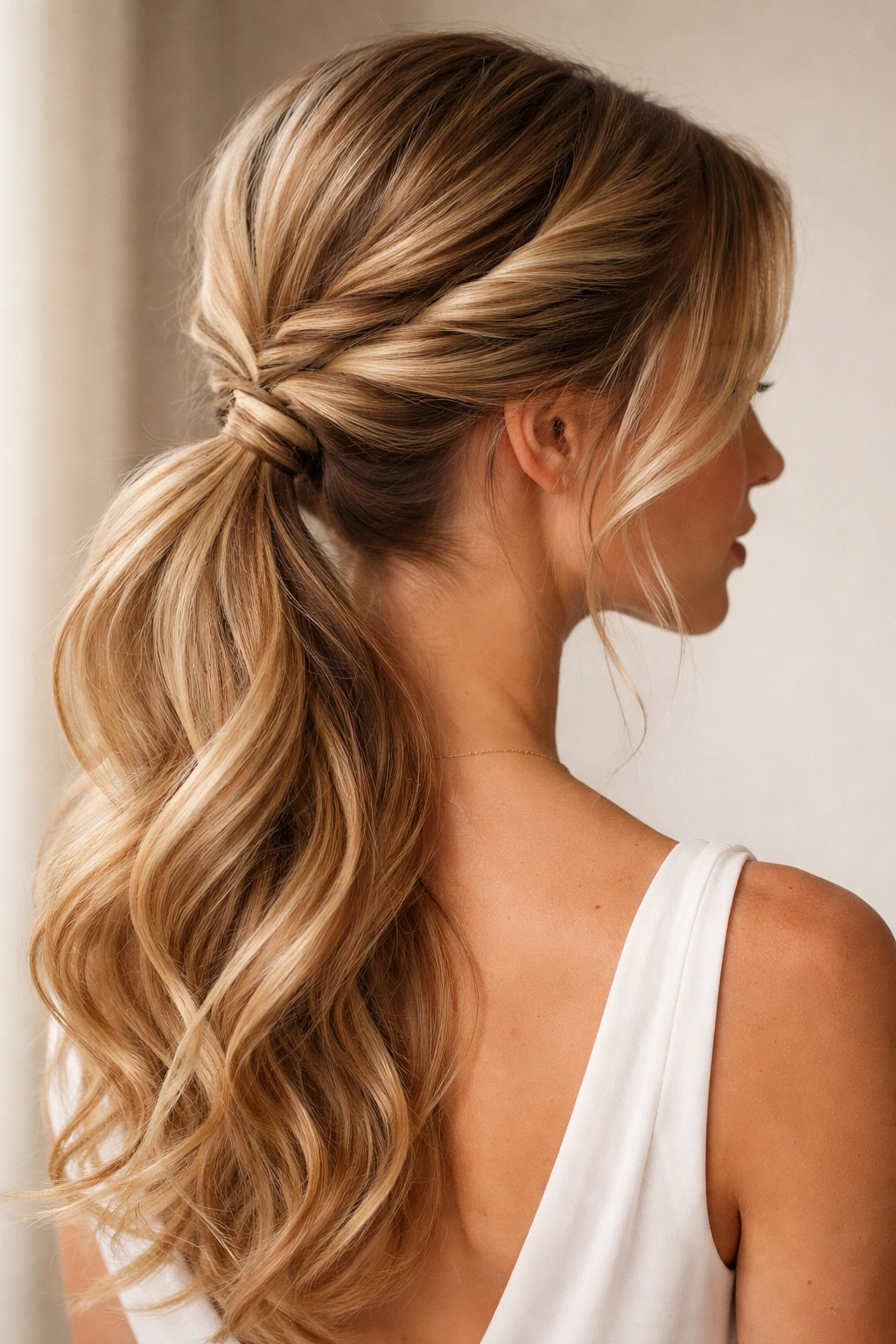 Two parallel twists merging into a side ponytail