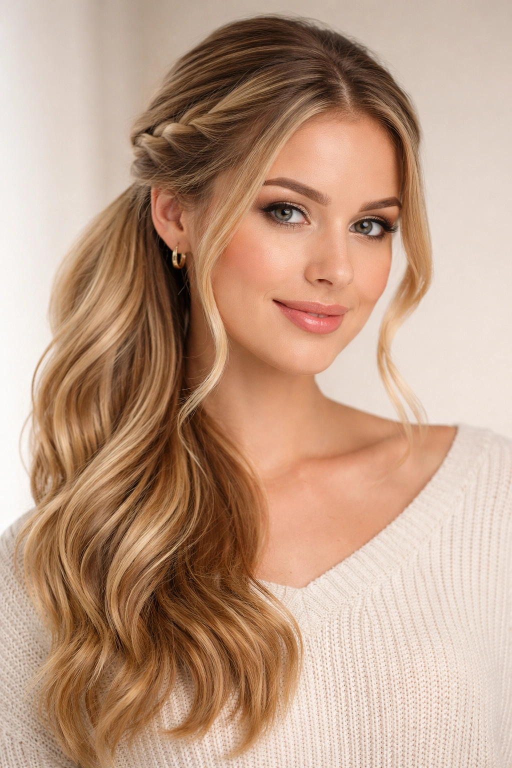 Two side twists framing a half-up ponytail hairstyle