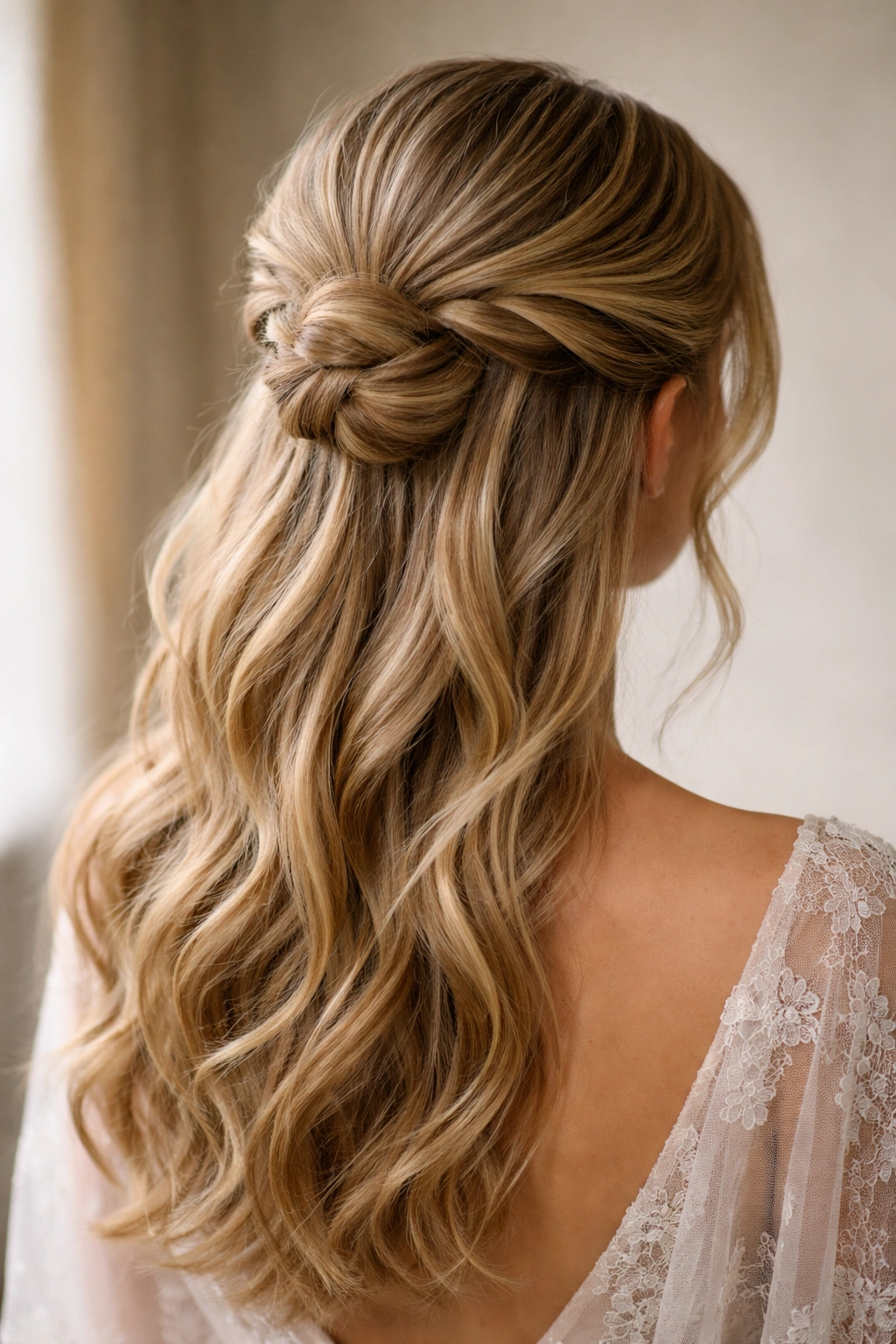 Back view of a double-twisted half-up bun with two symmetrical twists