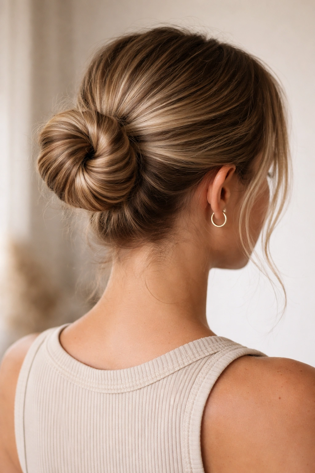Ponytail split into two twists wrapped into a fuller bun