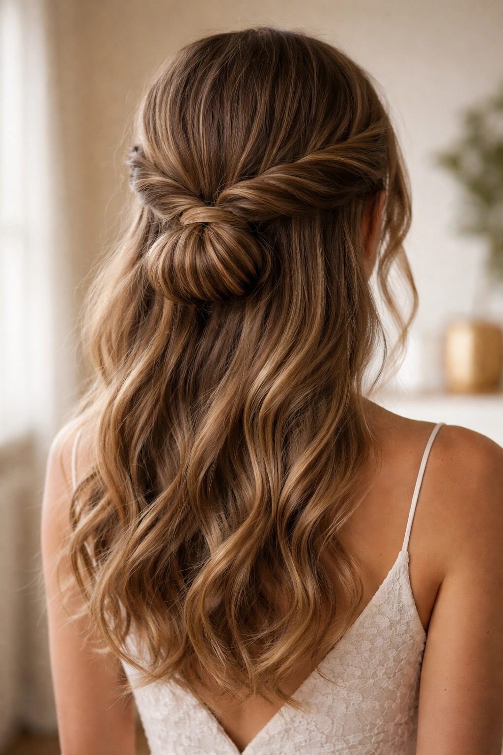 Double twisted low half bun hairstyle at the nape.