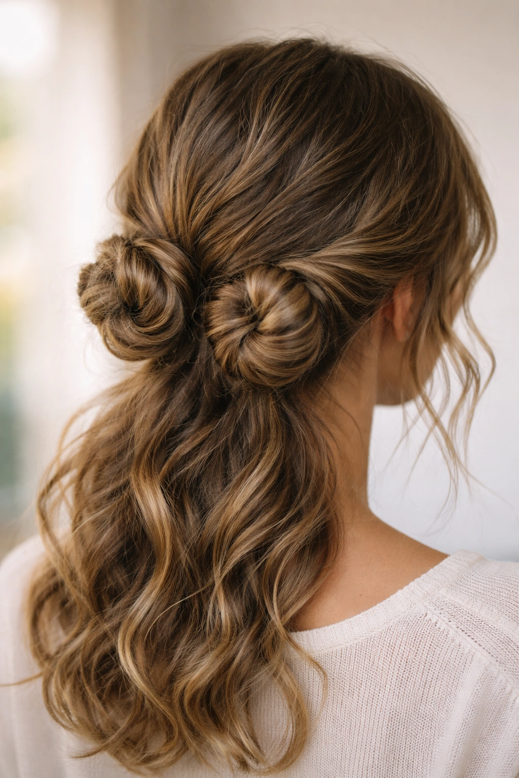 Back view of The Double Twisted Bun with two symmetrical buns and waves
