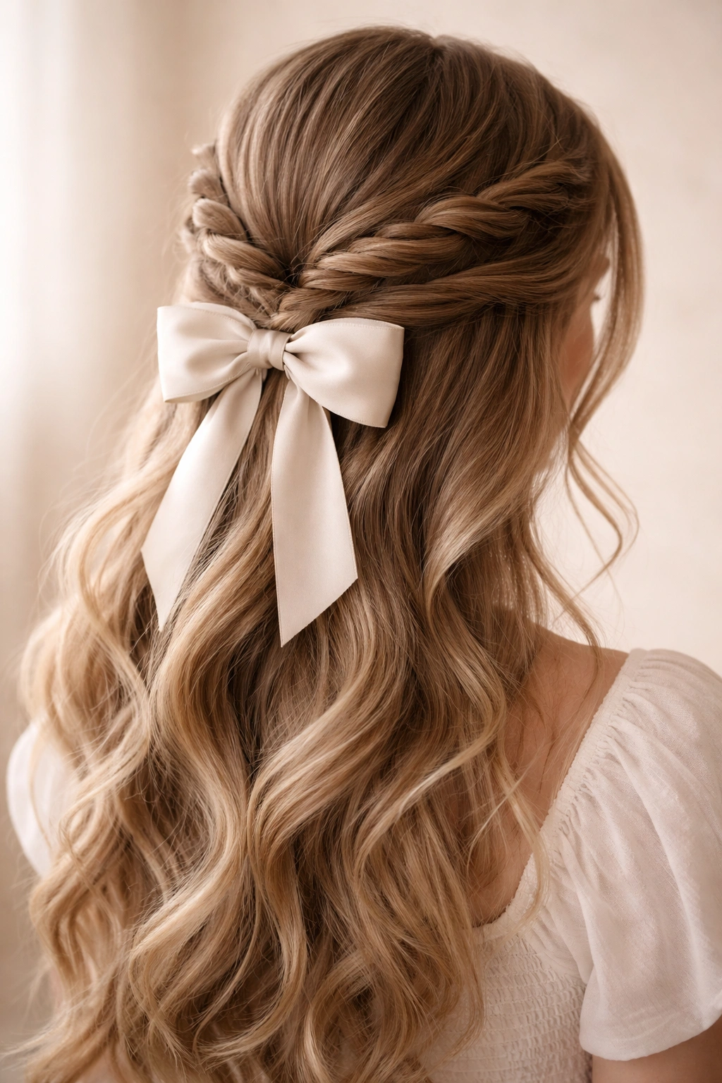 Double twisted crown with bow hairstyle viewed from the side