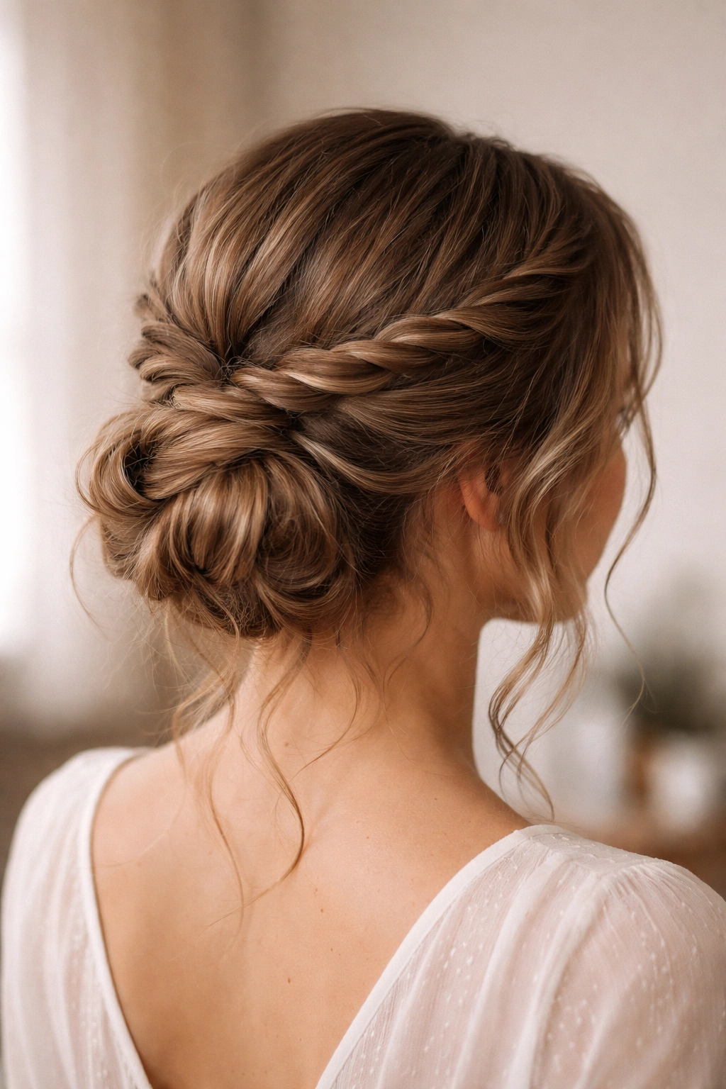 Double twisted crown bun with two crown twists and a low bun