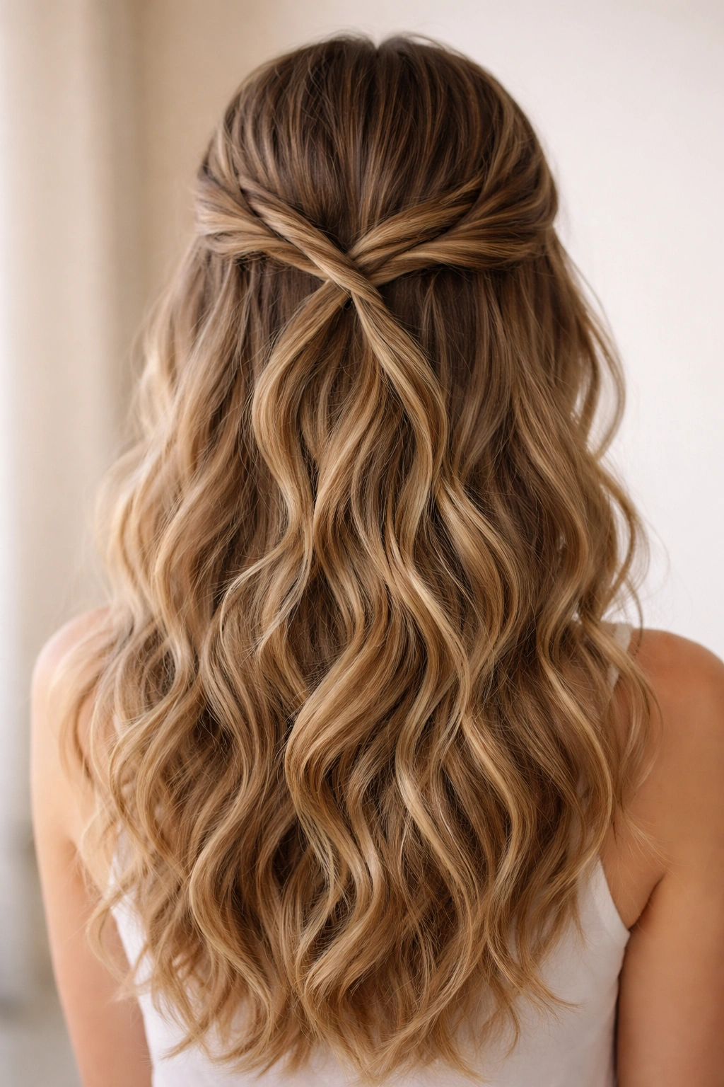 Back view of a double-twisted crown hairstyle with twists crossing to form an X