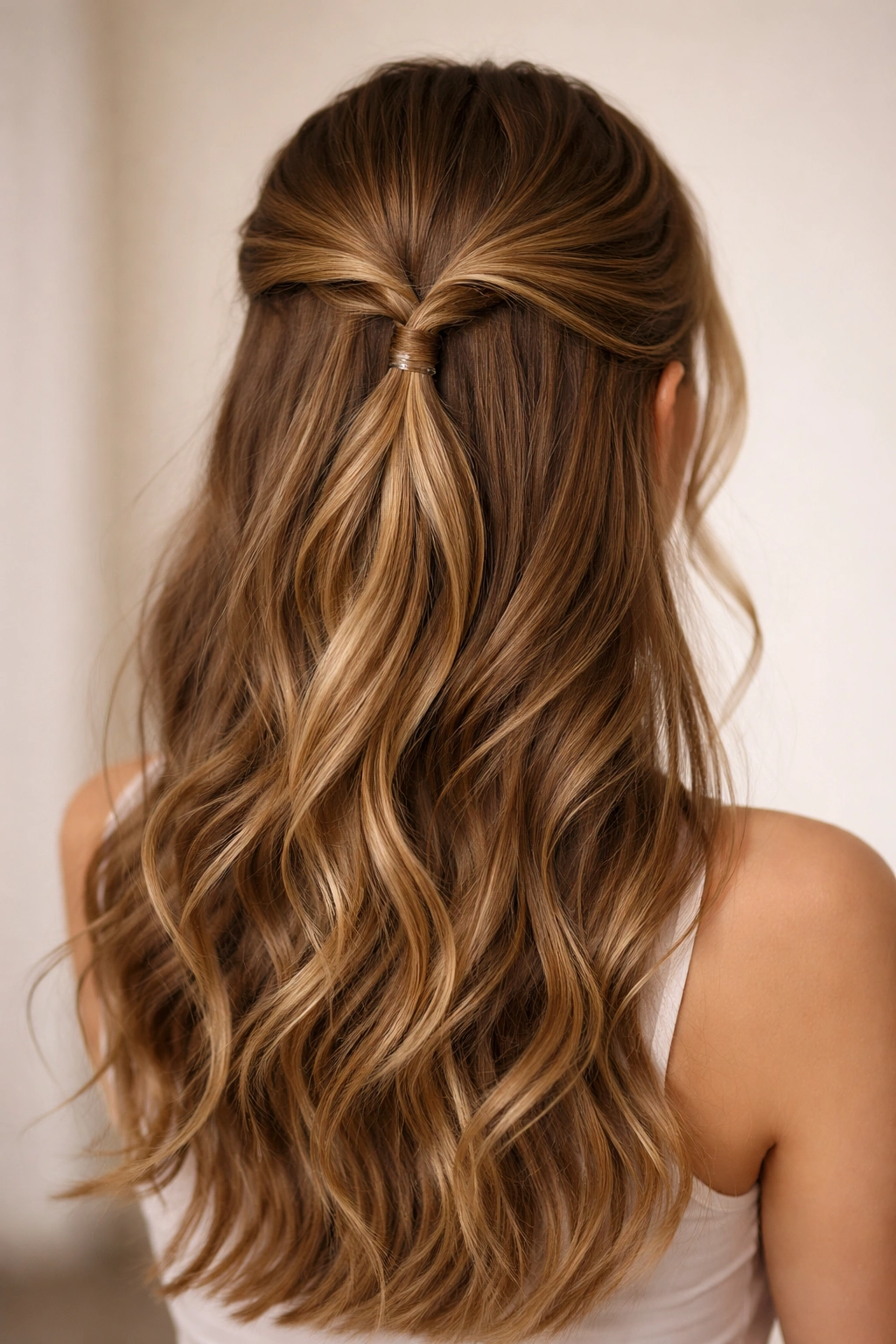Close-up of two twisted sections meeting at the crown with loose wavy bottom