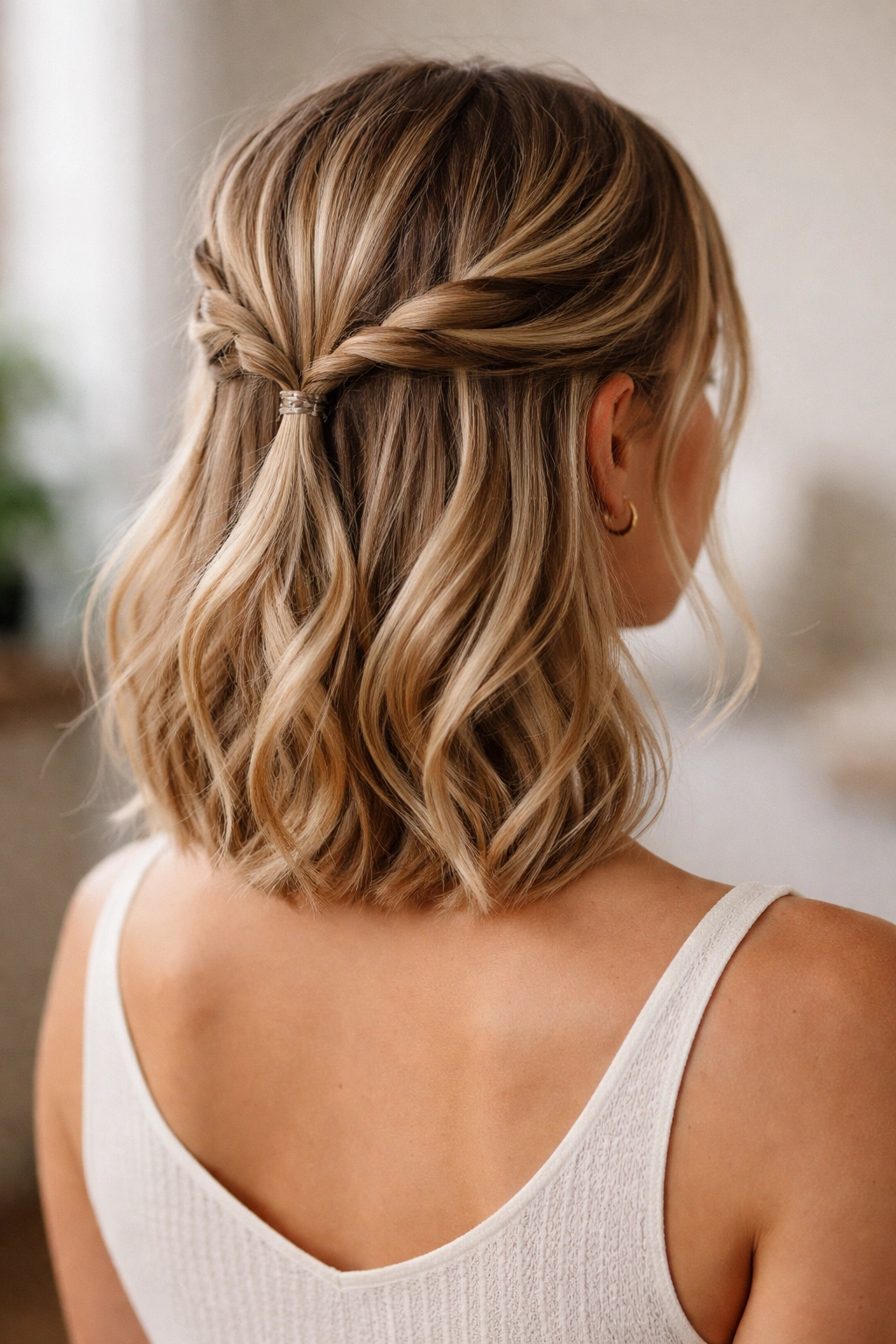 Double-twisted half-up with two twists meeting at back