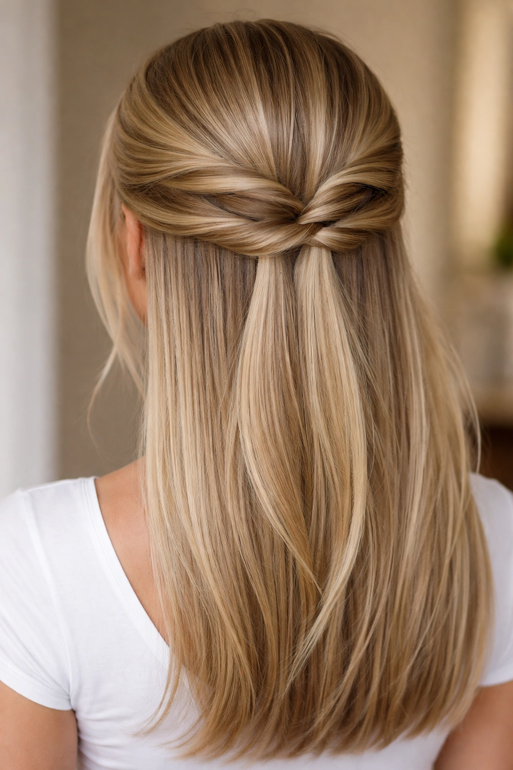 Close-up of two small twists on each side gathered at the crown creating a double twist half up.