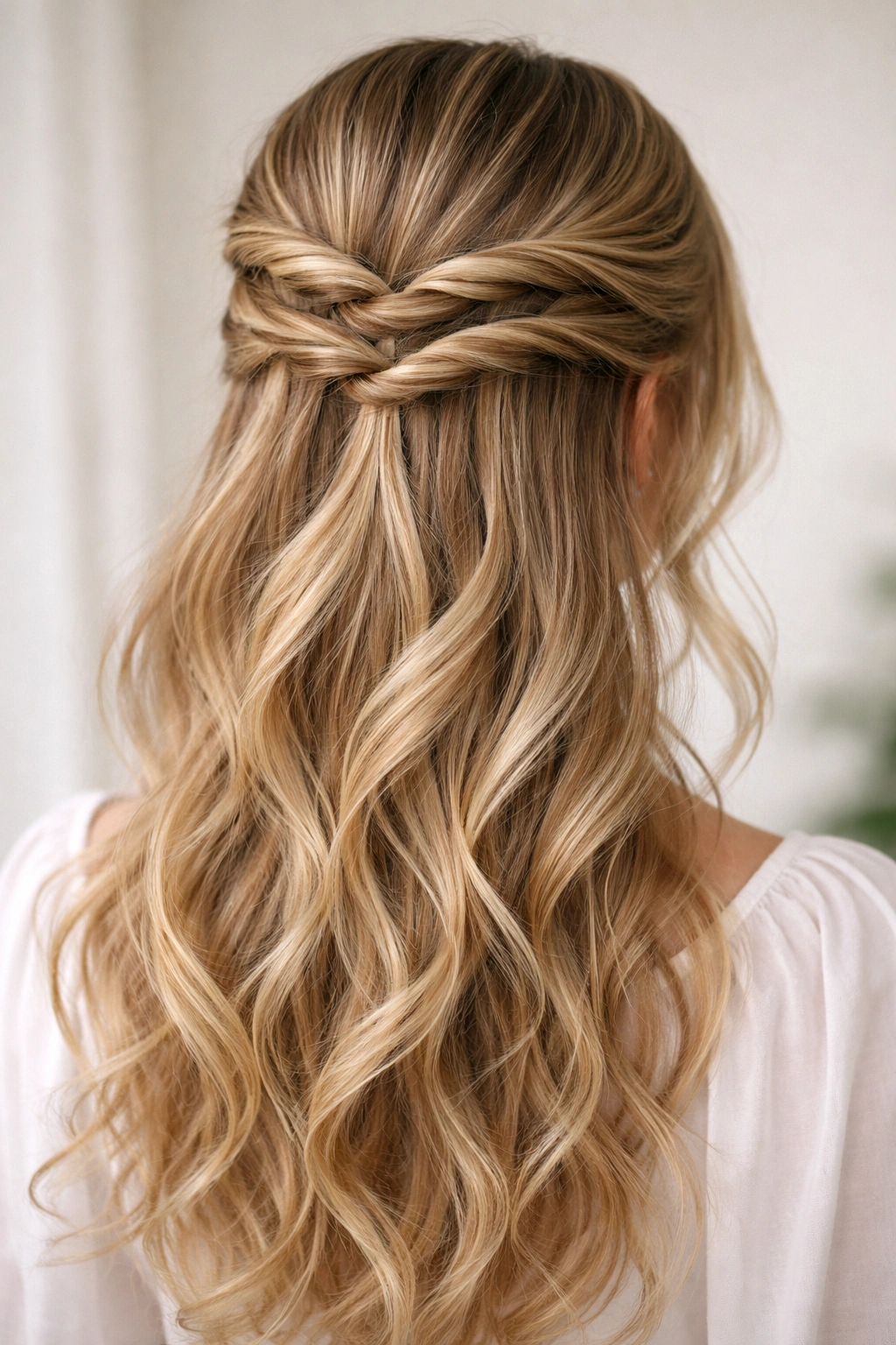 Close-up of double twisted half-up hairstyle with two parallel twists