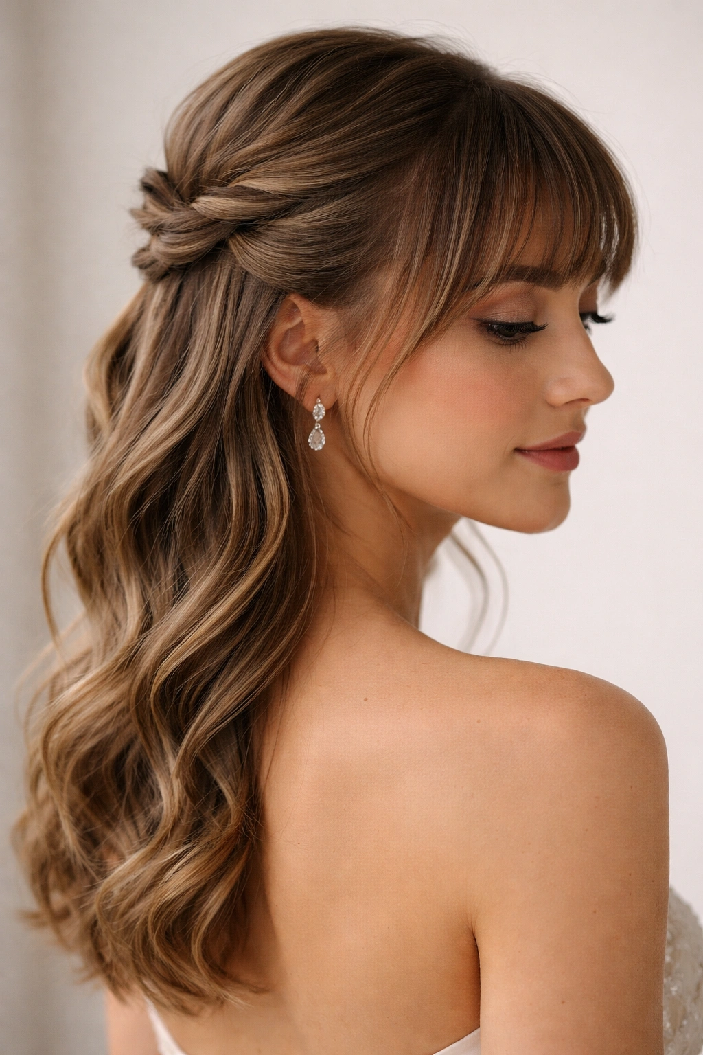 Double-twisted half-up hairstyle with micro bangs