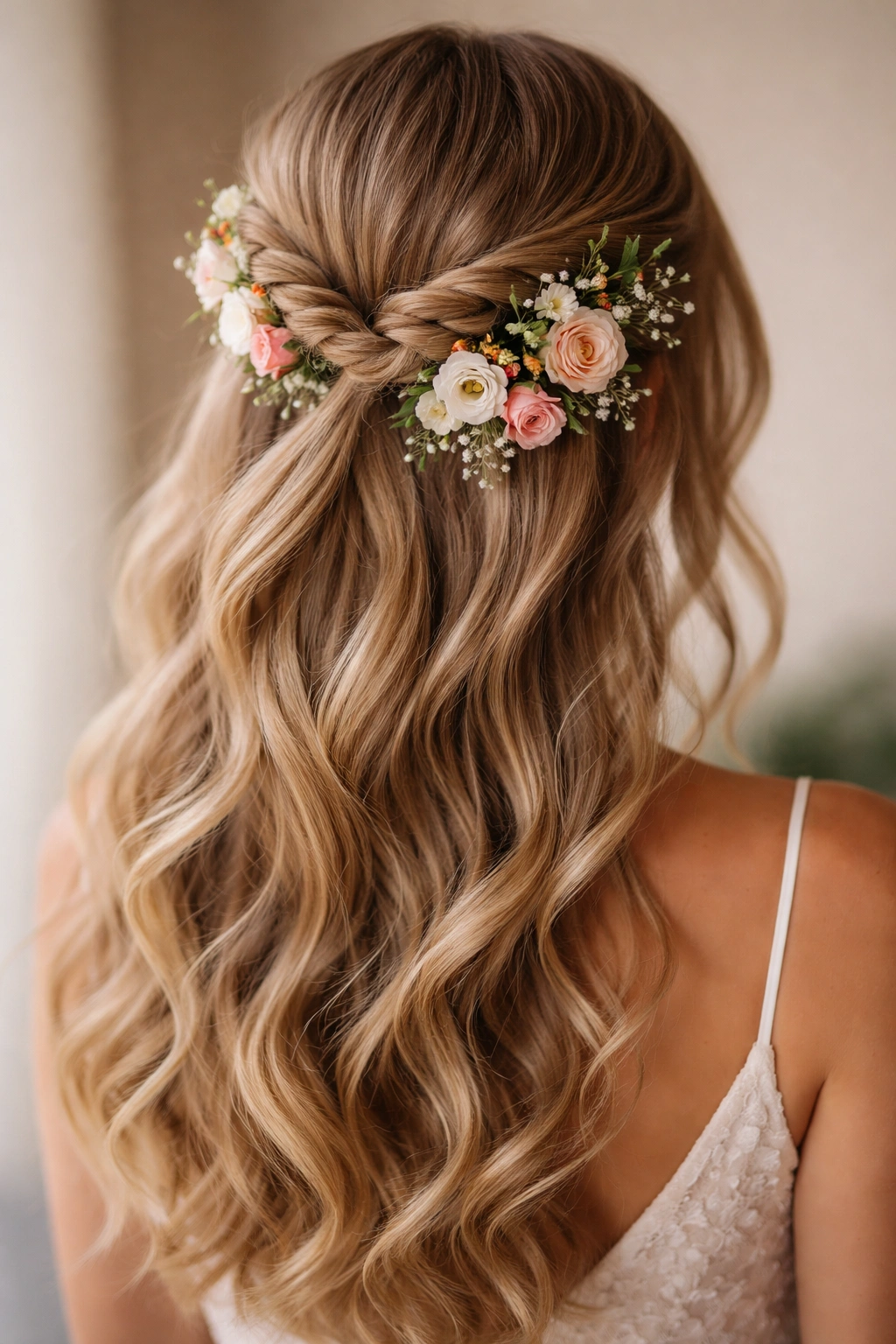 Double-twisted half-up with mixed garden blooms