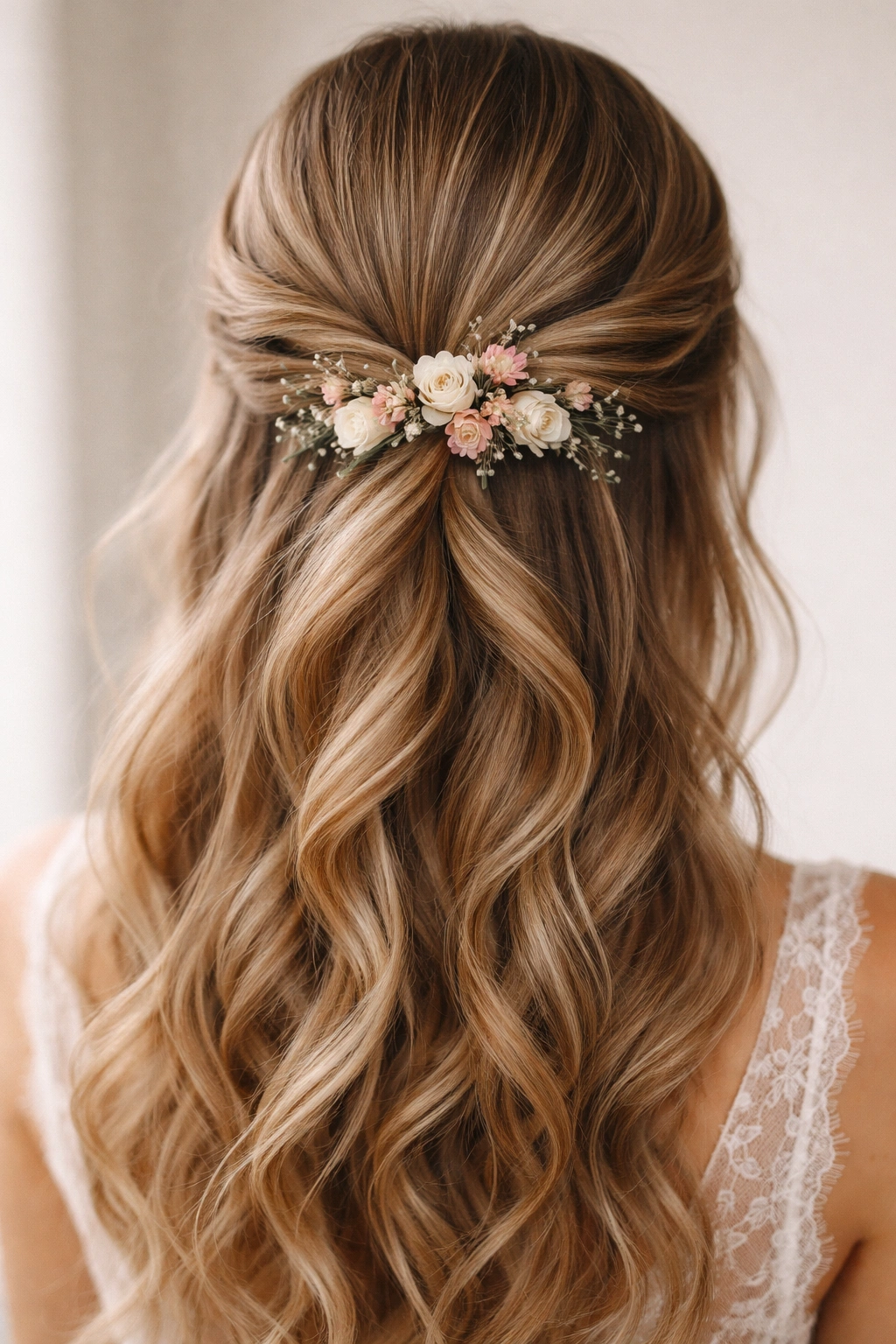 Close-up of double twisted half-up hairstyle with delicate flowers tucked between twists at the back