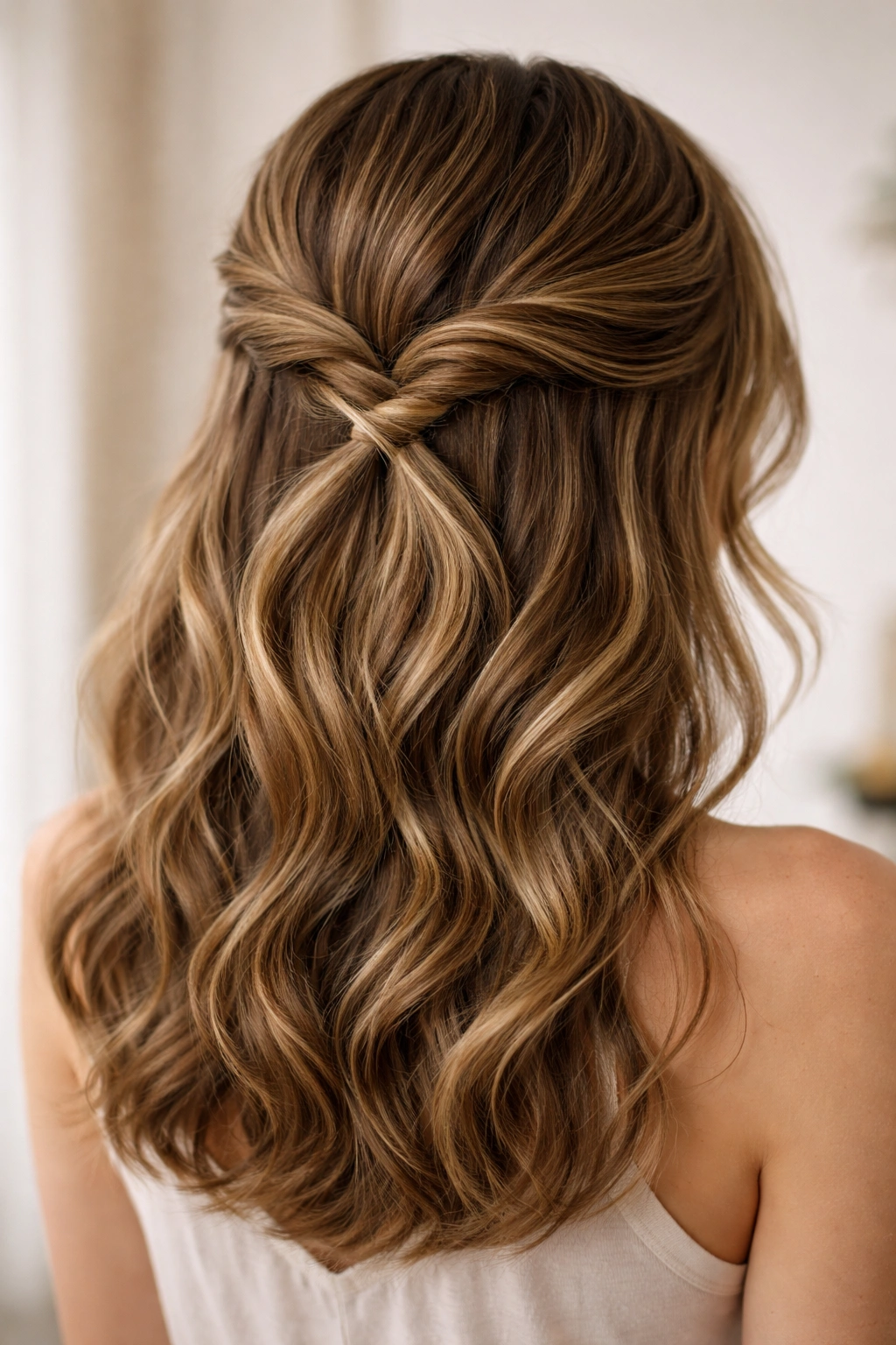 Back view of two twists crossing at the back forming an X in half-up hairstyle