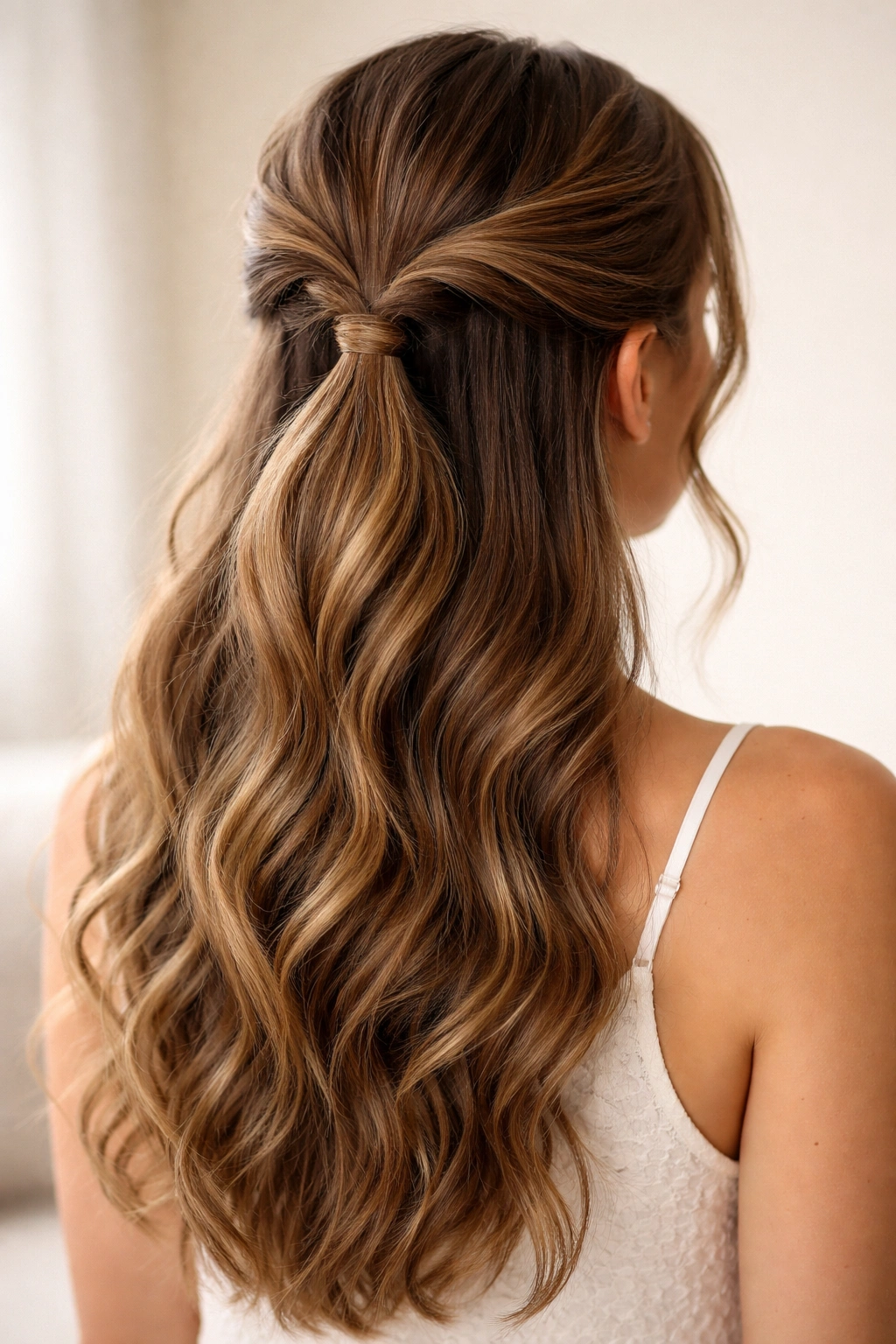 Portrait of double twisted half-up ponytail with wavy hair