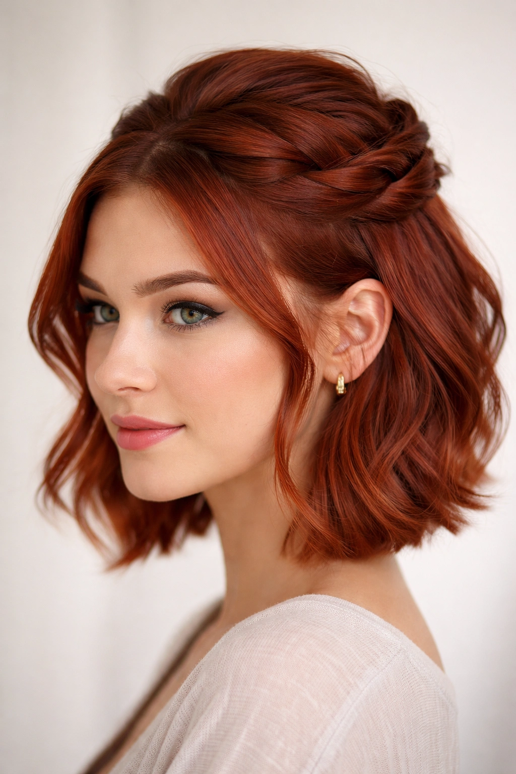 Short red hair with two simultaneous twists forming a double crown