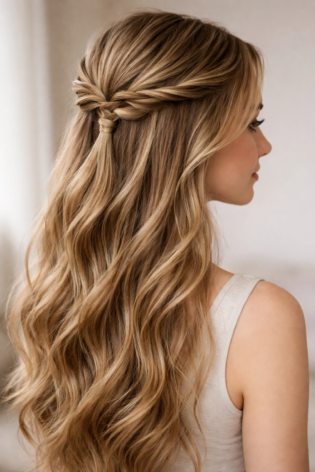 Model showing two thin twists on each side gathered at the crown with loose hair below