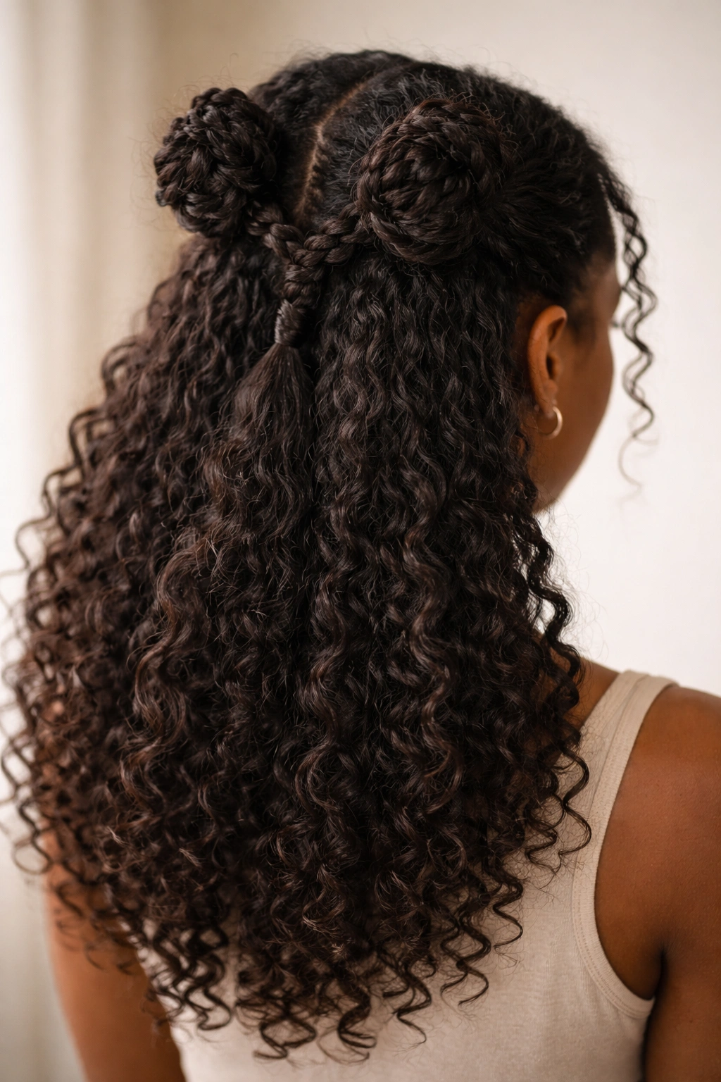 Two twisted knots at the crown connected by a back twist in a half-up style