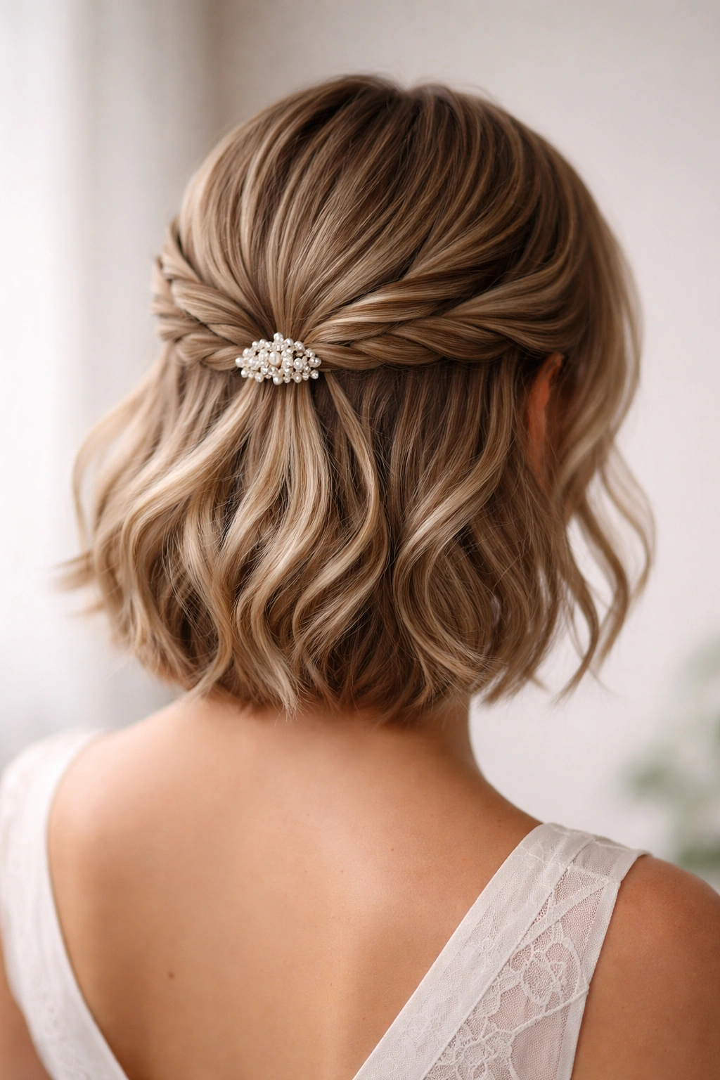 Two twists secured with a pearl pin in a half-up hairstyle
