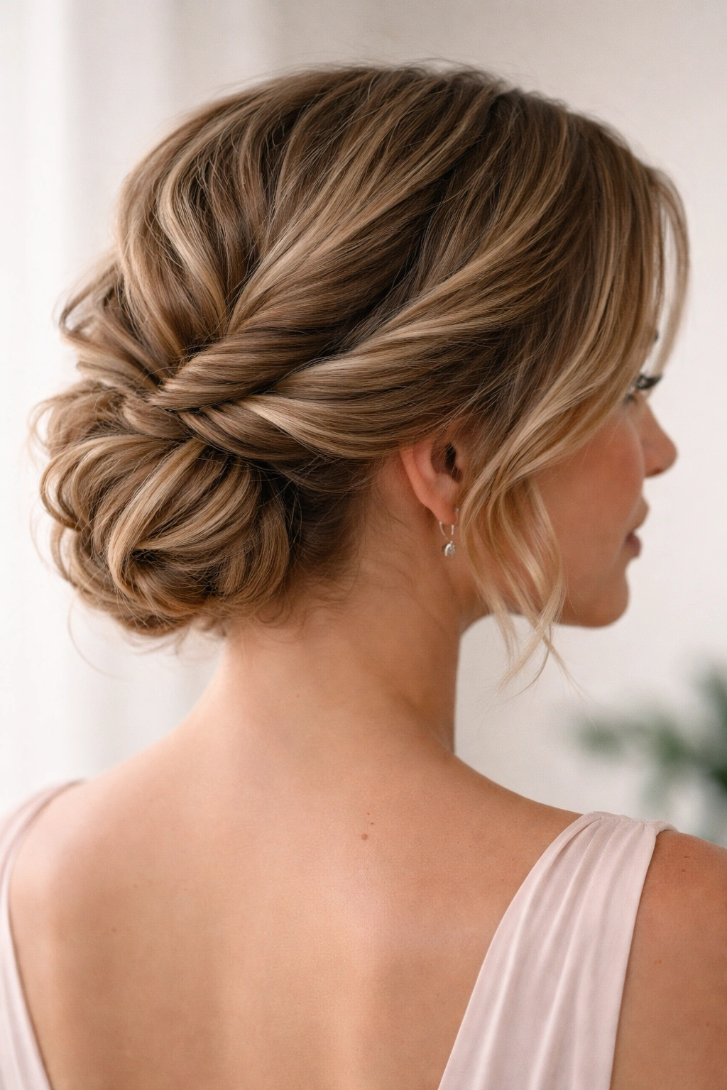 Double twisted side updo with volume and wave texture