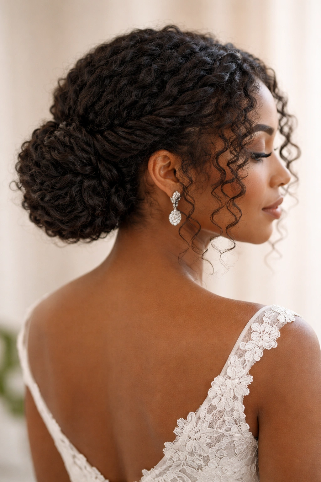 Double-twisted sides meet at center bun in coily hair