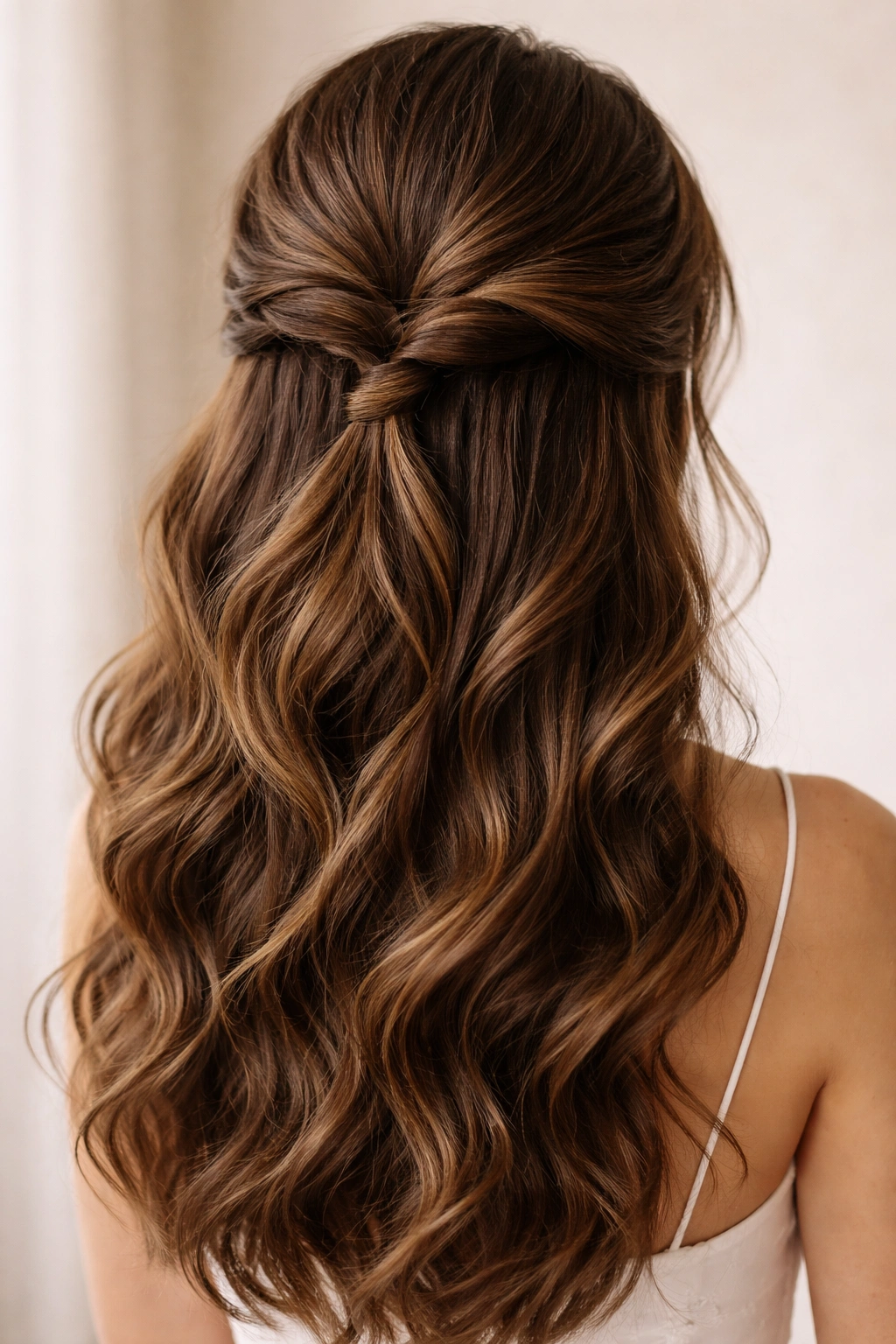 Close-up rear view of two twists merging at the back in a thick hair half-up style