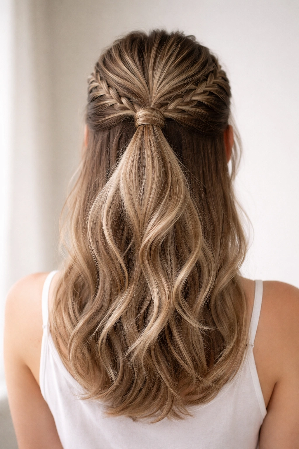 Close-up of a double weave half-up ponytail on medium-length hair, crown fullness