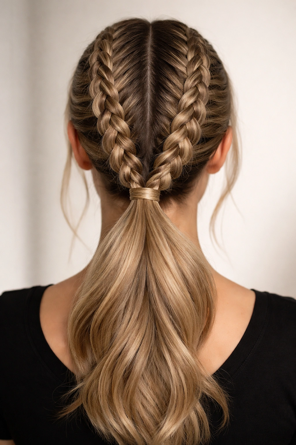 Close-up of two parallel braids forming a center-part double weave at the base of a low ponytail