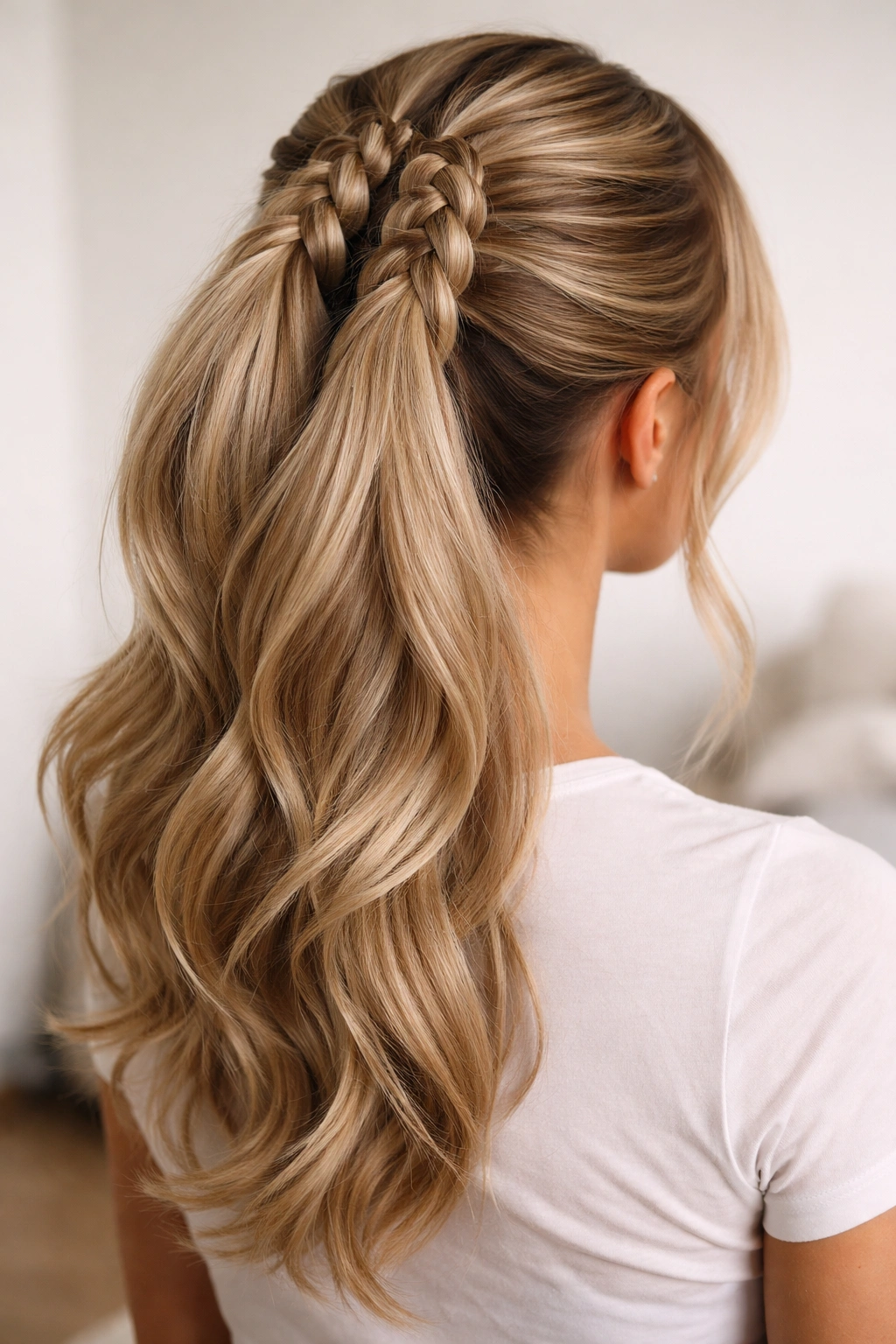 Close-up of a finished double weave ponytail showing fullness and two closely placed braids