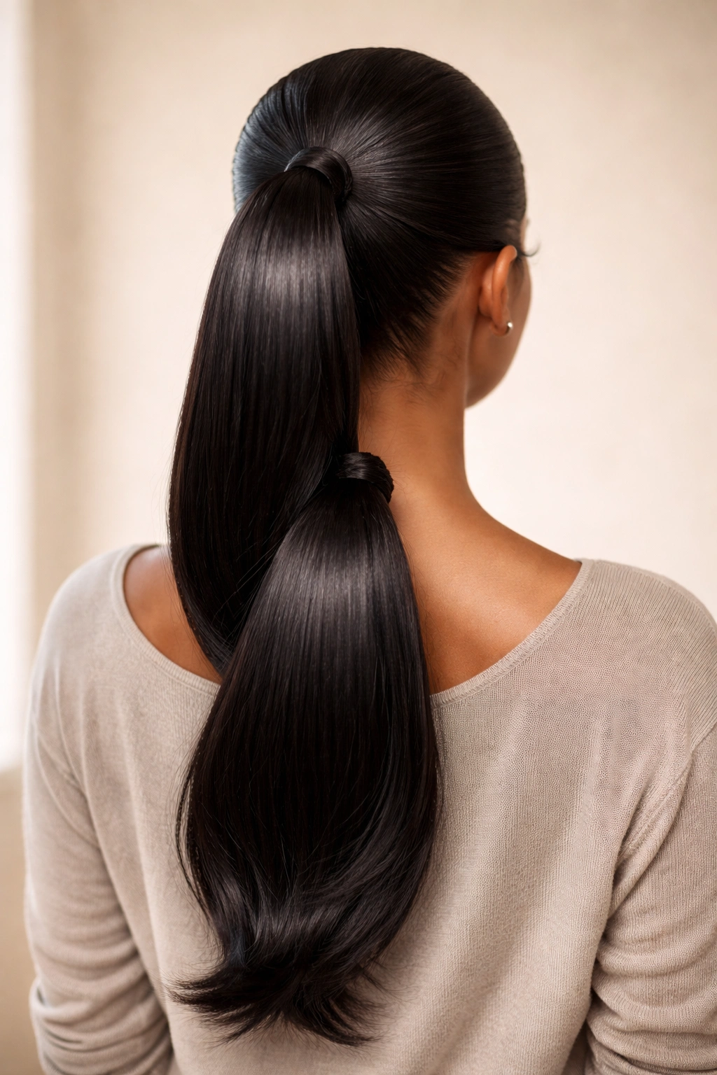 Back view of two sleek weave ponytails at crown and nape