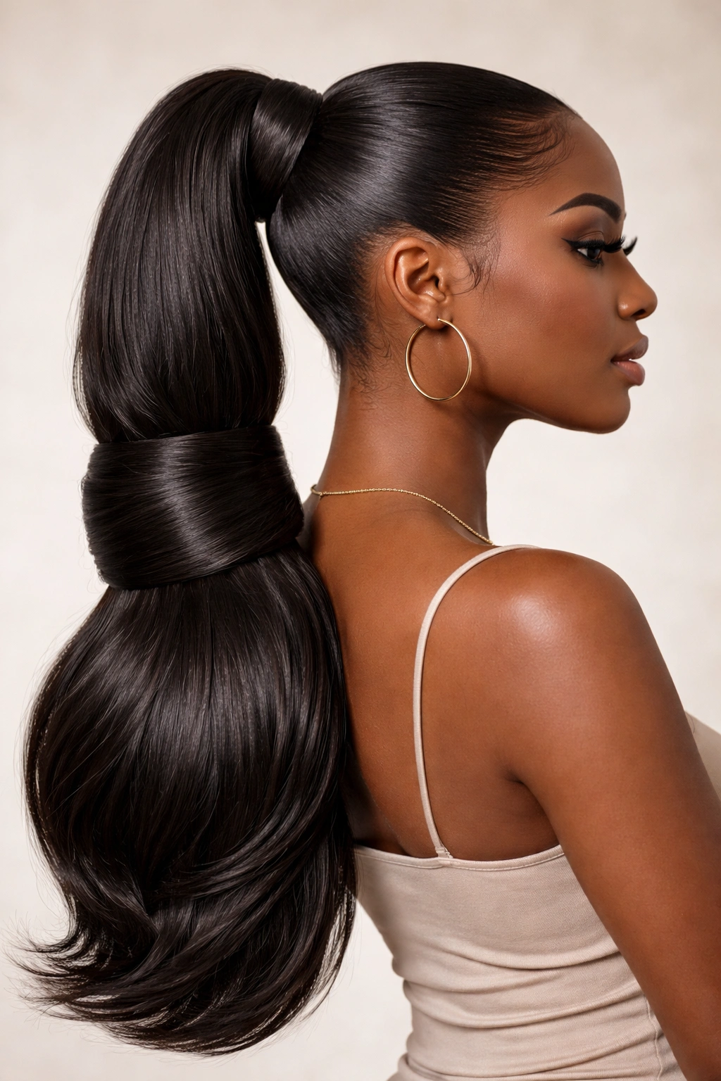 Double wrapped ponytail with a second weave wrapped around the base