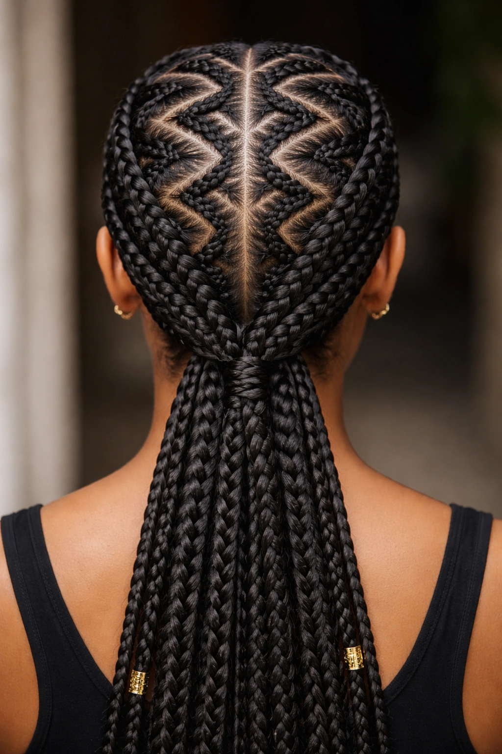 Symmetrical double zigzag cornrows converging at center back