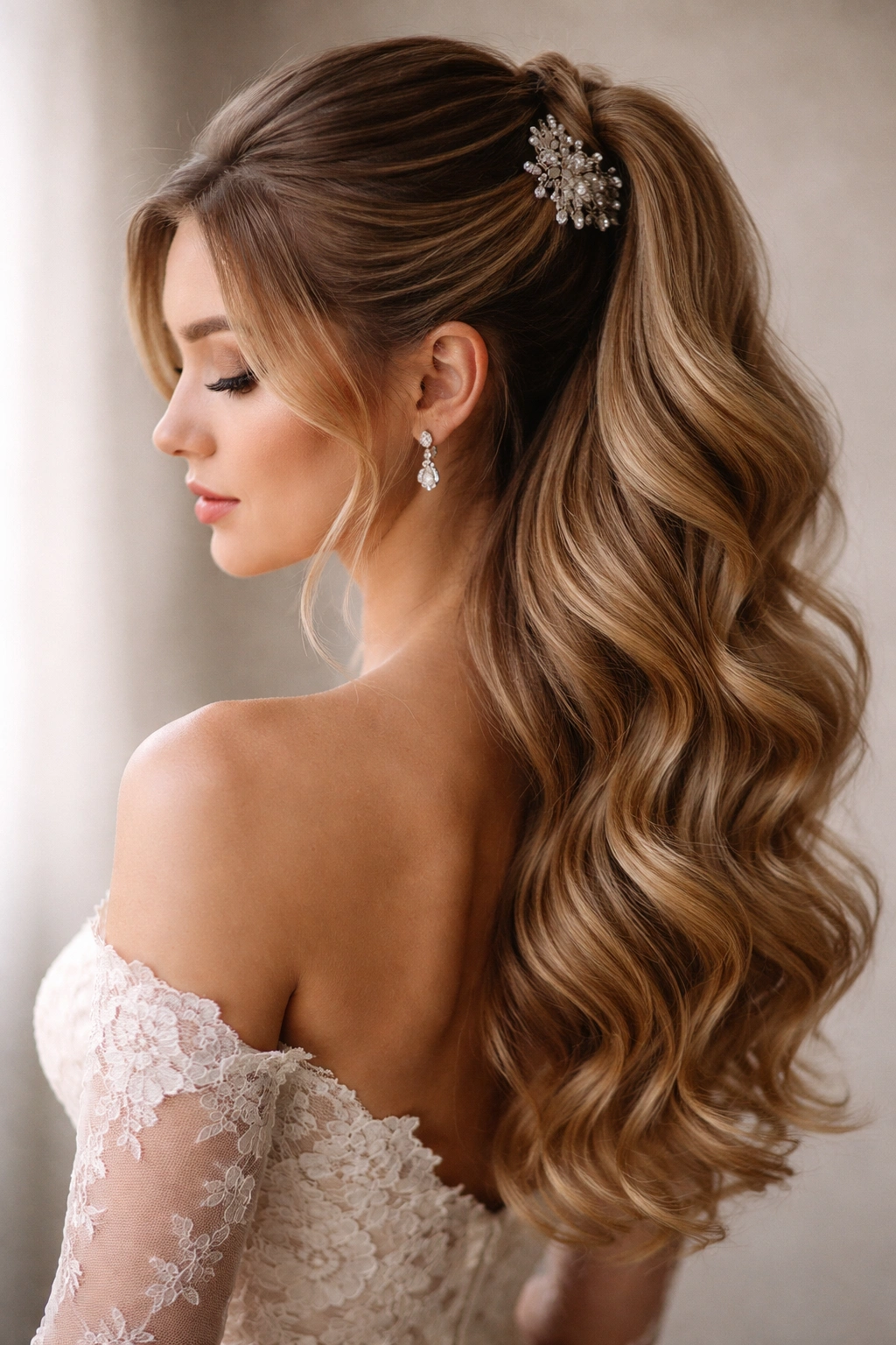 Dramatic side waves half-up wedding hairstyle