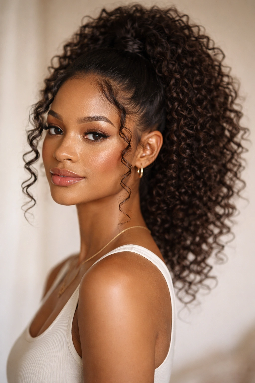 Close-up of a curly-haired person wearing a high drawstring pony with face-framing curls, crown-centered ponytail