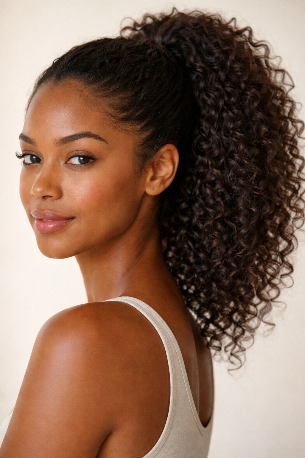 Close-up of curly hair in a drawstring ponytail showing defined curls and natural volume