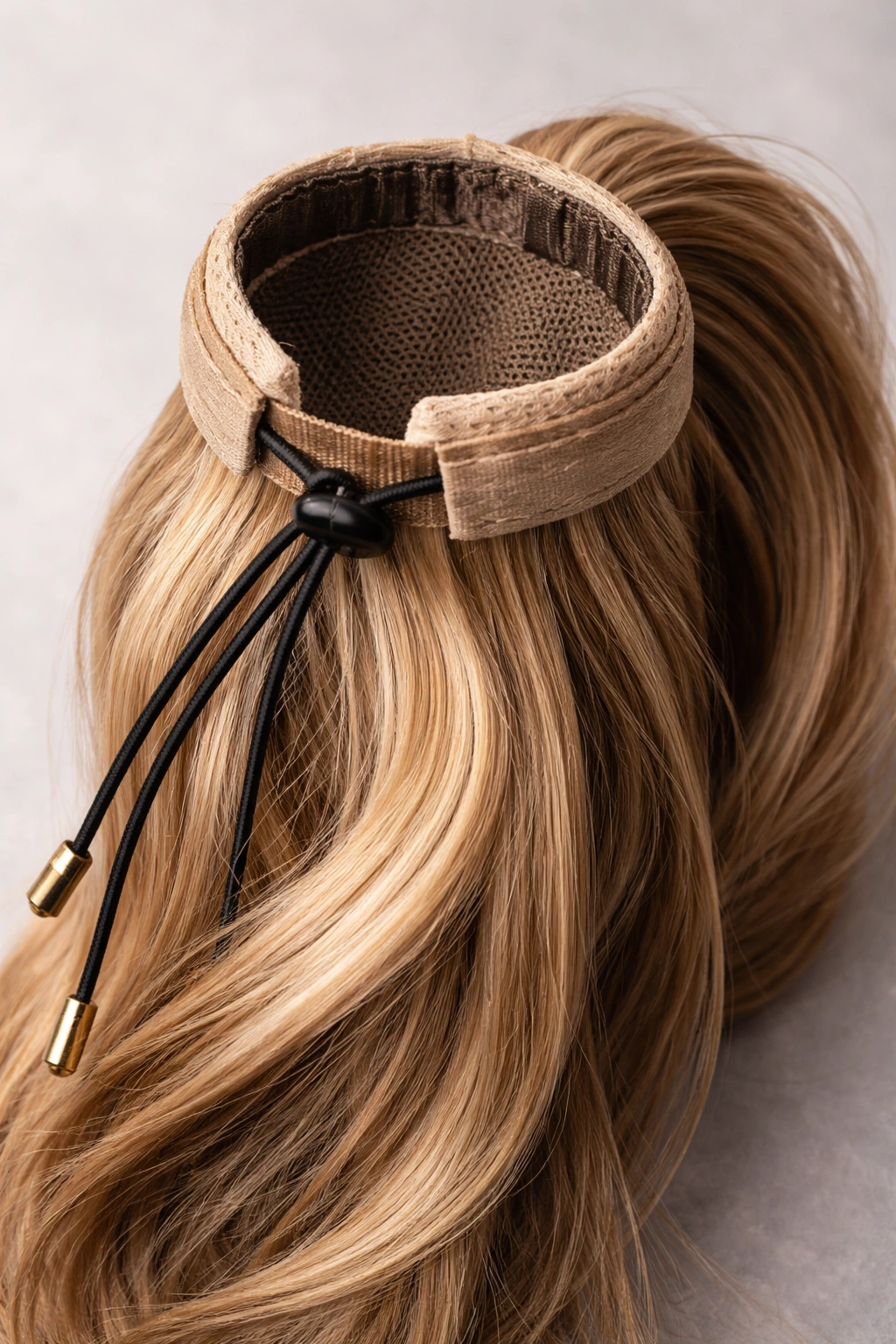 Close-up of a drawstring ponytail extension with visible elastic drawstring