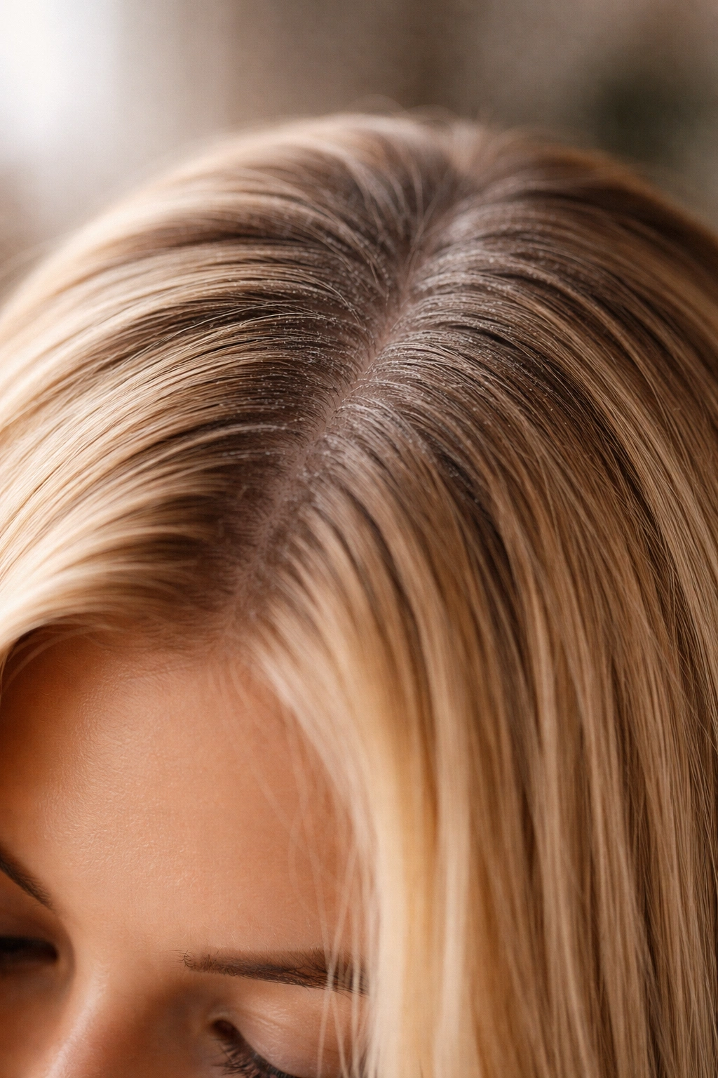 Close-up of hair roots with visible texture from dry shampoo increasing volume