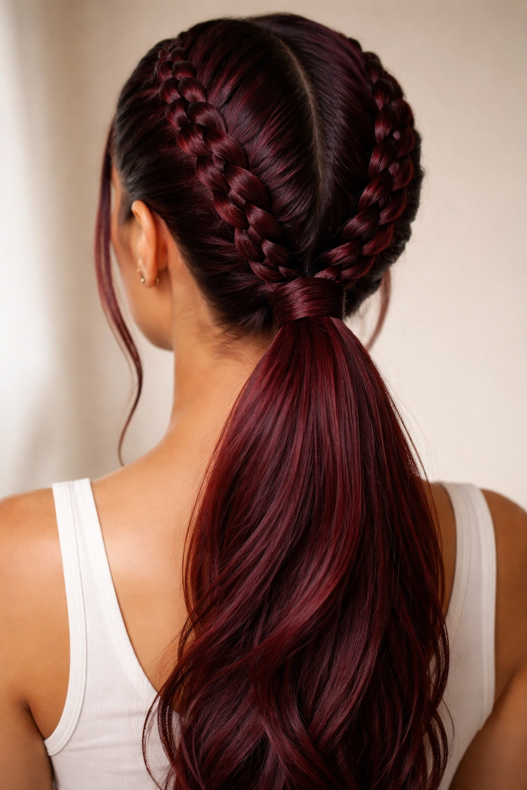 Back view of two symmetrical burgundy French braids merging into a ponytail