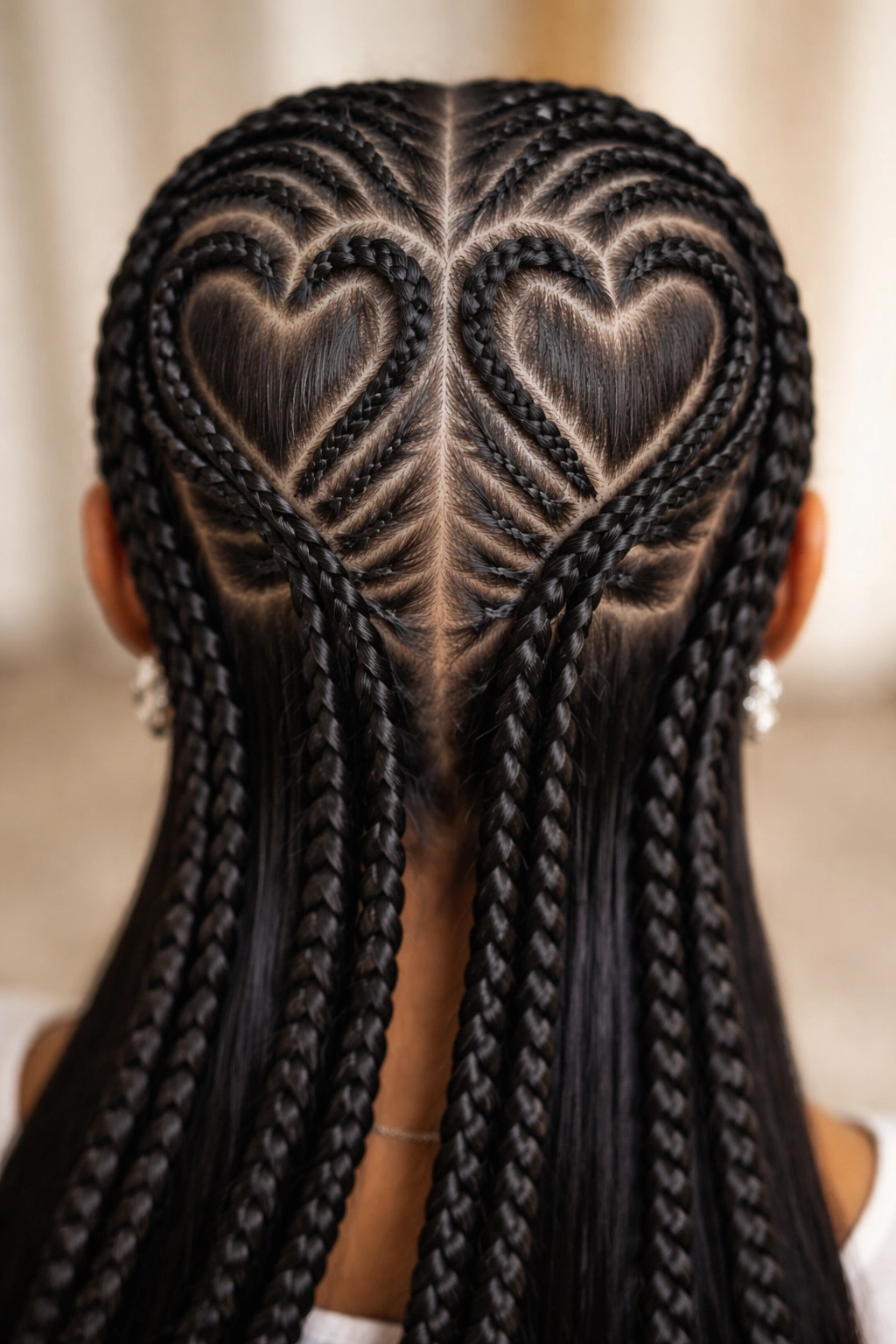 Close-up of scalp with two symmetrical heart-shaped cornrow patterns