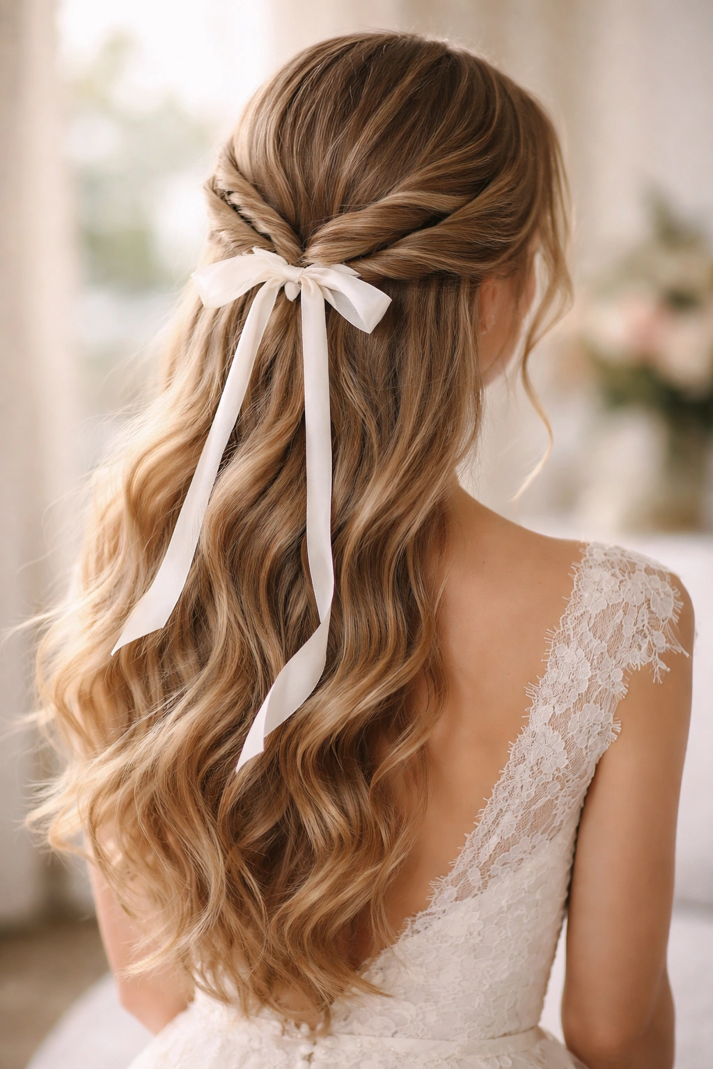 Back view of dual ribbon twists meeting at the back with asymmetrical release