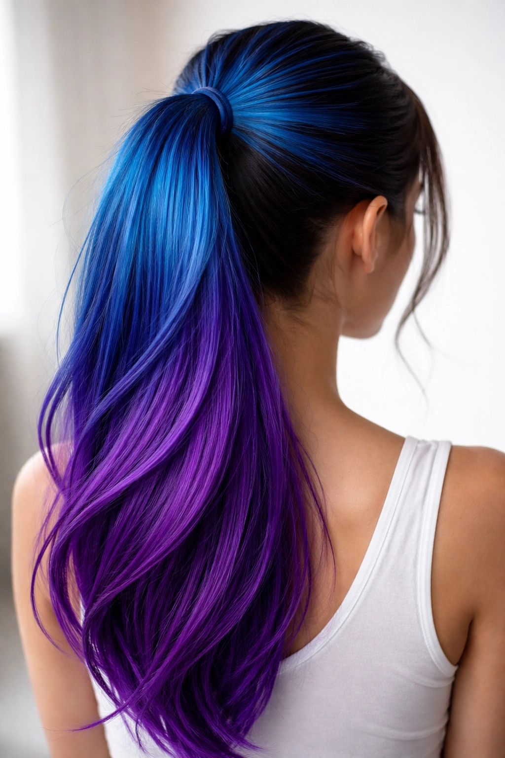 Two-tone ponytail with blue upper segment and purple lower segment against a neutral background